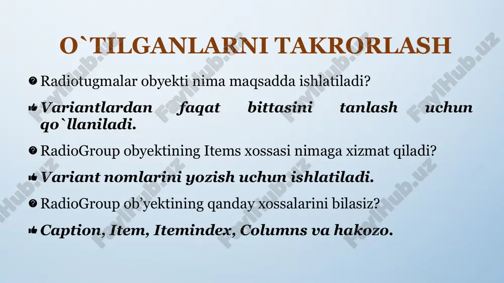 ssasini 0, increment xossasini 1, value xossasini 0 ga teng qilib o‘rnatamiz. 1-amaliy mashg`ulot. eng yaxshi futbolchi ilovasi. button1 obyektini ikki marta bosib, dastur kodi oynasini chaqiramiz va button1click protsedurasiga quyidagi kodni kiritamiz: procedure tform1.button1click(sender: tobject); var i,j:integer; begin i:=combobox1.itemindex; if i>=0 then j:=spinedit1.value; listbox1.items[8+i]:=inttostr(strtoint(listbox1.items[8+i])+j); combobox1.text:=’futbolchini tanlang’; end; f9 tugmasini bosib, dasturni ishga tushiring. uyga vazifa 10-sinf informatika kitobining 121-126 betlarini o`qish. edit ob’yektiga kiritilgan ma’lumotlarni listbox va combobox ob’yektlarida aks ettiruvchi dastur tuzing. radiogroup, listbox, combobox ob’yektlarining o`xshash xossalari va farqli xossalarini yozing. image2.jpg image3.png image4.png image5.svg image6.png image7.svg image8.emf image9.png image10.svg image11.emf image12.png image1.jpg high pile of hardcover books