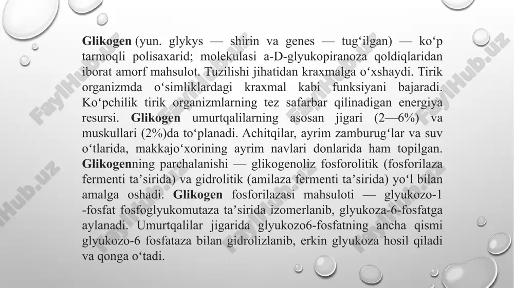 rdan hosil bo'lgan zaharli moddalarni zararsizlantiradi. so‘ngra umumiy qon aylanish sistemasiga o'tkazib beradi jigar o‘t ajratib chiqarish yo‘llari bilan chambarchas bog‘langanligi uchun moddalar almashinuvida hosil bo‘lgan ayrim zararli moddalami (o‘t pigmentlari) ichak yolariga ajratib chiqarib turadi. jigar aminokislotalar almashinuvining turli jarayonida ishtirok eta oladi. erkin aminokislotalarning almashinuvida jigarning vazifalari quyidagicha; — aminokislotalaming almashinuvi natijasida ulami energiya manbai sifatida sarflash; — almashtirsa bo‘ladigan aminokislotalar, azot guruhini tutuvchi birikmalar va nuklein kislotalami oddiy birikmalardan sintezlash; — aminokislotalar va azot tutuvchi moddalami ajratib olib, azotli asoslar - adenin va guanindan siydik kislotasini, gemdan o‘t pigmentlarini hosil qilish va zararsizlantirish. — oqsillar me’yoridan ko‘proq iste’mol qilingan taqdirda ulardan hosil bo'lgan ortiqcha miqdordagi am inokislotalarni glyukozaga aylantirib (glyukoneogenez) glikogen zaxirasini boyitadi, keton tanachalarini sintezlaydi. transaminlash, dezaminlanish va qaytaminlanish fermentlaridan tashqari ayrim aminokislotalar almashinuvida ishtirok etuvchi maxsus fermentlar ham jigarda joylashgan. shuning uchun jigar faoliyatini o‘zgarishlari ayrim aminokislotalar almashinuvlarining buzilishiga olib keladi. masalan: metionin aminokislotasining almashinuvi …