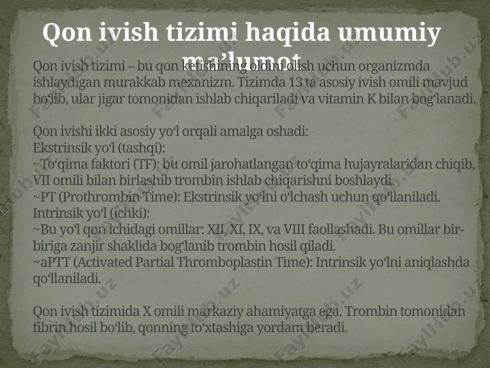 laboratoriya testlari: • aptt uzaygan, chunki ix omili faol bo‘lishi uchun viii omili bilan bog‘lanishi kerak. • pt normal. gemofiliya b (ix omil yetishmovchiligi) von willebrand kasalligi sabab: von willebrand omili (vwf) yetishmovchiligi yoki disfunktsiyasi. meroslanish: autosomal dominant yoki autosomal retsessiv. funksiyasi: vwf trombotsitlar bilan bog‘lanib, ularni zararlangan joylarga olib boradi, shuningdek, viii omilni stabillashishiga yordam beradi. klinikasi: burun qonashi, uzoq hayz ko‘rish, jarohatlarda ko‘p qon ketishi. yengil gemofiliya bilan taqqoslash mumkin. laboratoriya testlari: bleeding time - uzaygan. aptt - biroz uzaygan yoki normal, lekin vii va viii omillarining faoliyatini tekshirish muhim. davolash: desmopressin (ddavp) – bu dorilar von willebrand kasalligining eng yengil shakllarida yordam beradi. kam uchraydigan tug‘ma ivish omillari yetishmovchiligi 1. xi omil (gemofiliya c): sabab: xi omili yetishmasligi. biokimyo: xi omil ix omilni faollashtiradi, trombin hosil bo‘lishi sekinlashadi. klinika: yengil qonashlar, asosan yahudiylar orasida uchraydi. 2. xiii omil: sabab: xiii omili fibrinni stabillashishiga yordam beradi. klinikasi: qon …