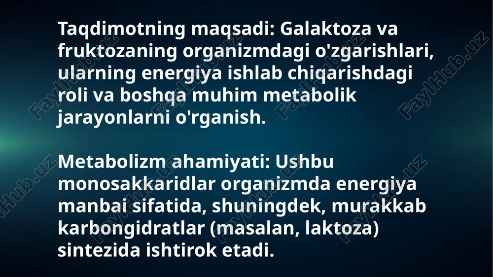 utilizatsiyasining susayishi. ketogenez va xolesterinogenezning kuchayishi. qandli diabetda oqsil almashinuvi oqsil almashinuvi buzilishi: oqsil parchalanishining oshishi. aminoatsidemiya va glyukozani kuchli talab. xulosa metabolizmning ahamiyati: fruktoza va galaktoza metabolizmi energiya ishlab chiqarish va boshqa muhim jarayonlarda muhim rol o'ynaydi. qandli diabet: bu kasallik og'ir asoratlarga olib kelishi mumkin, shuning uchun muvofiq davolash va kuzatuv zarur. image1.jpeg media1.mp3 image2.png image3.jpeg image4.jpeg image5.jpeg image6.jpeg null 243.84293