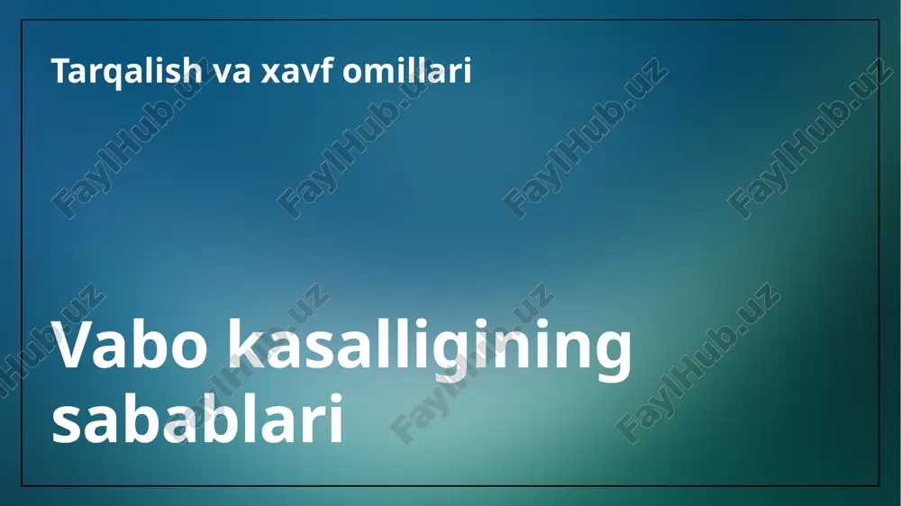 saqlash, bakteriyalarni yo'q qilishga yordam beradi. vabo kasalligidin himoya qilish uchun ichimlik suvini faqat toza manbalardan olish kerak. ifloslangan suvdan saqlanish, kasallik tarqalishini kamaytiradi. diqqat qilganingiz uchun rahmat. shohjahon g'aniyev image2.jpeg image3.jpeg image4.jpeg image1.jpeg /docprops/thumbnail.jpeg