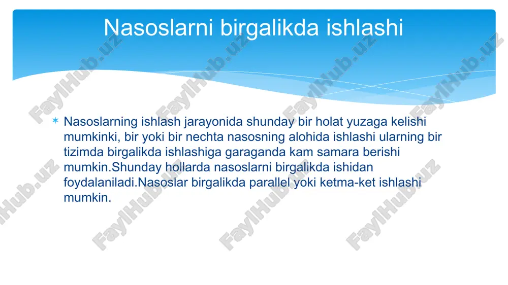eristikali ikki nasoning parallel ishlashini ko'rishda esa avvalo har bir nasosning ayrim-ayrim xarakteristikalarini tuzamiz. bu holda ikkinchi nasosning sarfi ortib borib, uning kamayib borayotgan bosimi birinchi nasoning bosimiga tenglashgunsha, birinchi nasos „bo'g'ilib", sarfi nolga teng bo'ladi. bosimning bundan keyingi pasayishidan boshlab, birinchi nasos ham suyuqlik torta boshlaydi . shuning ushun umumiy xarakteristikani olishda ikkinchi nasos ishlay boshlagandan, boshlab sarflar qo'shilgani bilan umumiy sarf bu ikki nasoning ayrim ishlaganidagi sarflarningyig'indisidan kichik bo"ladi: q1+2 <q1+ q2 lekin birga ishlagandagi sarflar yig'indisiga teng: q1+2 = q1+ q2 biz ko'rilgan semada ikki xil xarakteristikali nasoslar yaqin masofada bo'lgan holni ko’rdik. ular o'zaro uzoq joylashgan bo'lsa, optimal sarfni topishdan oldin trubalar xarakteristikalarini go'shib olamiz. amalda gidrosistemalarda parallel va ketma-ket ulangan nasoslar turli kombinasiyada uchrashlari mumkin. bunday murakkab sistemalarning ishlashini tekshirish uncha qiyinchilik tug dirmasa ham juda ko'p vaqt va diqqat talab qiluvchi grafik hamda hisoblash ishlari zarur bo'ladi. ayniqsa nasoslarning so'rish balandligi turlicha bo'isa, ish …