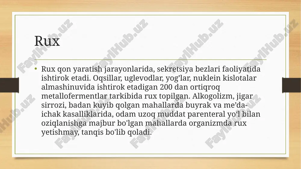 i alomatlari — xushdan ketish, alahsirash, kuchli zaiflik va hatto koma paydo bo’lishi mumkin. bundan tashqari, g’ayritabiiy yurak ritmlari o’limga olib kelishi mumkin. giperkalsemiya sabablari: paratormon darajasining oshishi: paratiroid bezlari tomonidan ishlab chiqariladigan gormonning ortiqcha ishlab chiqarilishi. saraton kasalliklari: ba'zi turdagi saratonlar, masalan, o'smalar va metastazlar, kalsiy darajasini oshirishi mumkin. dori-darmonlar: ba'zi dorilar (masalan, litiy va tiroid gormonlari) giperkalsemiyaga olib kelishi mumkin. suv yetishmovchiligi: suvning kam iste'moli yoki ko'p suv yo‘qotilishi. oziq-ovqatlar: kalsiyga boy oziq-ovqatlar yoki vitamin d ning ortiqcha iste'moli. fluoroz fluoroz — bu fluorning ortiqcha miqdorda iste'mol qilinishi natijasida yuzaga keladigan kasallik. u odatda tishlar va suyaklar bilan bog'liq muammolarga olib keladi. fluorozning asosiy sabablari orasida: fluor iste'moli: tish pastasi, oqartirish vositalari, suyuqliklar yoki ovqatlarda yuqori miqdorda fluor mavjudligi. atrof-muhit: ba'zi hududlarda fluor miqdori tabiiy ravishda yuqori bo'lishi mumkin. fluoroz belgilari va uni oldini olish belgilari: tishlarda oq yoki jigarrang dog'lar. tishlarning tuzilishi va rangidagi o'zgarishlar. suyaklar zaiflashishi. …