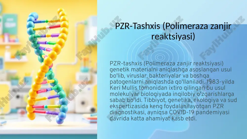 a pzr qurilmalarining ishlab chiqilishi. avtomatlashtirish jarayonni to'liq avtomatlashtirish orqali inson xatolarini kamaytirish. integratsiya pzr texnologiyasini boshqa diagnostika usullari bilan birlashtirish. arzonlashtirish texnologiyani arzonlashtirish orqali keng qo'llanilishini ta'minlash. 11 xulosa: pzr-tashxisning ahamiyati va istiqbollari 1 keng qamrovli ta'sir tibbiyot, genetika, ekologiya va boshqa sohalarda muhim ahamiyatga ega. 2 yuqori aniqlik va sezuvchanlik kichik miqdordagi genetik materialni ham aniq aniqlash imkonini beradi. 3 tezkor natijalar qisqa vaqt ichida aniq diagnostika natijalarini olish mumkin. pzr-tashxis zamonaviy tibbiyotda infektsion kasalliklarni erta aniqlash, genetika va sud tibbiyotida muhim rol o'ynaydi. kelajakda pzr texnologiyalari yanada takomillashib, diagnostika jarayonlarini yanada qulay, arzon va aniqlik darajasi yuqori bo'lishini ta'minlaydi. 12 foydalanilgan adabiyotlar: s. x. sulliyeva, g. i. g'aniyeva, n. t. boboyeva "biokimyo va molekulyar biologiya fanidan laboratoriya mashg'ulotlar"2023 2. . cho'liyev, n. r. hamzayeva, n. f. qiyomova, r. k. eshquvatov "polimeraza zanjir reaksiyasi yordamida sutning tozaligini aniqlash"2022 3. t. m. babayev "yuqori molekulyar birikmalar"2015 . e’tiboringiz uchun …