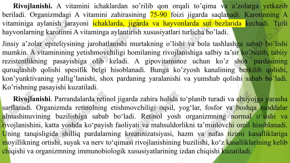arning tarkibida a vitaminining miqdori me’yorlar darajasida bo‘lishi lozim. parrandalar uchun karotinning asosiy manbasi o‘t unlari hisoblanadi. ularning ratsiondagi miqdori 7 – 8 % ni tashkil etishi kerak. d gipovitaminozi (raxit. d hypovitaminosis). surunkali kasallik bo‘lib, kalsiy - fosfor almashinuvining buzilishi va suyak to‘qimasi o‘sishining yomonlashishi bilan tavsiflanadi. asosan 3 - 5 oylik yoshdagi jo‘jalar kasallanadi. sabablari. asosiy sababi - ratsion bilan kalsiferolning organizmga me’yordan kam miqdorda tushishi. ikkilamchi omillar - kalsiy, fosforning tanqisligi, kalsiy - fosfor nisbatlarining buzilishi, ultrabinafsha nurlarining etishmasligi, antisanitariya holati hisoblanadi. rivojlanishi. kalsiferol ham a vitaminiga o‘xshash o‘sish omili hisoblanadi va uglevodlar, oqsillar, yog‘lar almashinuvida qatnashadi, asosan kalsiy - fosfor almashinuvini boshqaradi. kalsiferol etishmaganda suyak to‘qimasining o‘sishi izdan chiqadi, bo‘g‘imlar hamda muskullarda patologik jarayonlar rivojlanadi. kalsiy almashinuvining buzilishi nerv faoliyatining, qalqonsimon bez endokrin funksiyalarining buzilishiga olib keladi. yosh jo‘jalarda bir vaqtning o‘zida d vitamini, kalsiy va belgilari. ko‘pincha surunkali kechadi. dastlab jo‘jalarda holsizlanish, patlarning hurpayishi, qanotlarning …