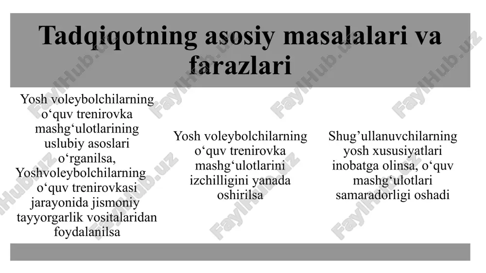 lib borayotgan yosh voleybolchilar o‘quv-mashg‘ulotlarida maxsus tayyorgarlikka oid sifatlarni rivojlantirishga oid maxsuslashtirilgan mashqlarni aylanma tezlanish mashqlari bilan qo‘llab borish nafaqat shu sifatlarni jadal o‘sishiga olib keldi, balki ba’zi boshqa sifatlar (kuch, kuch chidamkorligi, tezkorlik-kuchlilik)ni va muvozanat saqlash funksiyasini ham shakllanishiga imkon yaratdi. amaldagi namunaviy dastur asosida shug‘ullanib kelgan shu yoshdagi bolalarda esa bu sifatlarning o‘sishi nisbatan sust ekanligi aniqlandi. tadqiqotni tashkil qilish va tadqiqot uslublari mavzu bo‘yicha adabiyotlardan berilgan ma’lumotlarni tahlil qilish matematik-statistik metod pedagogik kuzatuv pedagogik tajriba modulli ekspriment tayyorgarlik guruhlari bir kunda bir martali mashg‘ulot (min) bir kunda ikki martali mashg‘ulot (min) boshlangich 90-130 - o‘quv mashg‘ulot 120-140 - sport takomillashuvi 120-140 2x(90-120) yuqori malakali valeybolchilar 120-180 2x(130-150) № testlar yoshi 10 yosh 12 yosh 14 yosh 16 yosh 1 30 m.ga yugurish. 4,50 4,00 3,70 3,60 2 abalakov usulda sakrash (sm) 45,8 49,0 4,6 68,3 3 uzunlikka sakrash (sm) 198 206 235 260 4 uzunlikka chopish kelib …