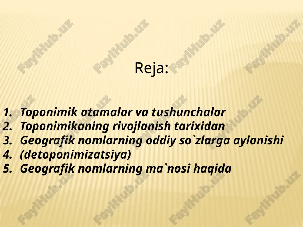 oddiy so`zlar - terminalar, turdosh otlar vujudga kelish hollari tez - tez uchrab turadi. mamlaktlar, shaharlar, qishloqlar, tabiiy geografik obyektlar nomlaridan hosil bo`gan yangi so`zlar toponomlar deyiladi. toponomlar barcha xalqlar tillarida ham uchraydi. bir qancha tabiiy geografik terminlar geografik nomlardan olingan: vulqon o`rta dengizdagi vulkano oroli nomidan, geyzer islandiyadagi geyzer deb ataluvchi buloq nomidan, karst bolqon yarimorolidagi karst platosi nomidan, meandra turkiyadagi menderes daryosi nomidan, delta nil daryosi quyiladigan delta degan joy nomidan kelib chiqqan. bu geografik nomlar geografik terminlarga aylangan. ba`zan geografik nomlardan butunlay boshqa ma`nodagi so`zlar paydo bo`ladi. bolonya, jersi, boston, krepdeshin, paplin matolari nomlari joy nomlaridan iborat. geografik nomlarning ma`nosi haqida geografik nomlarning juda ko`p ekanligi haqida yuqorida aytgan edik. joy nomlari qancha bo`lsa, ularning kelib chiqishi tarixi, ma`nosi haqidagi taxminlar ham shuncha ko`p. geografik nomlar qaysi xalq tilida bo`lmasin, ba`zi birlarining ma`nosini osongina tushunsa bo`ladi, ba`zi nomlar murakkab bo`lib, tushunish qiyin yoki butunlay tushunarsizdir. ba`zi bir …