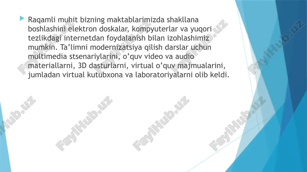 ati samaradorligini monitoring qilish; - ta’lim jarayonini boshqaruvchi (ish beruvchi), o’qituvchi va o’quvchi o’rtasida uzviylikni ta’minlash; - ta’lim jarayonida byurokratik to’siqlar yuzaga kelishini oldini olish va moliyaviy xarajatlarni qisqartirish; - boshqaruv jarayonlari uchun sarf qilinadigan vaqtni qisqartirish va mehnat samaradorligini oshirish. bugungi kunda raqamli ta’limning mamlakatimiz ta’lim tizimida o’rni beqiyos bo’lib, bunda o’quvchilarning fanni o’zlashtirishlari bilan bir qatorda, ular bir vaqtning o’zida qanday o’qiyotganini, fanlarni qanday o’rganayotganini, vazifalarga qiziqishi, o’z darajasidagi muammolarga fikr bildirishlarini kuzatish mumkin. buning natijasida o’quvchilarning mustaqil o’rganish, shaxsiy o’rganishga moslashish va o’z ustida ishlash kabi qobiliyatlari yanayam rivojlanadi. dars jarayonlarini raqamli kontentda jonli olib borish va darslarda interfaol topshiriqlarni berish o’quvchilarning o’zlari qiziqqan sohada kompetensiyalarini rivojlanishiga ham yordam beradi. xulosa sifatida ta’limni raqamlashtirish jarayonini yanada rivojlantirish va umumta’lim maktablarida samaradorlikni oshirish uchun biz quyidagi maqsad va vazifalarni amalga oshirish zarur deb hisoblaymiz: ta’lim subyektlarining mediakompetentligini uzluksiz oshirib borish mexanizmini ishlab chiqish; aktning turli mavjud dasturlaridan foydalanish, …