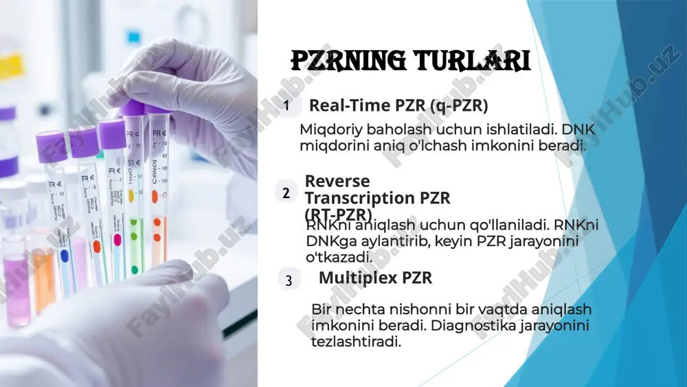 trifasfat (a, t, s, g) dnk namunasi taq polimeraza fermenti — termifilik eubacterial mikroorganizm thermus aquaticusdan ajratib olinadi. bunga sabab bu bakteriyadan jaratib olingan polimeraza fermenti haroratga chidamli hisoblanadi. pzr tashxis fermentlari xulosa va kelajakdagi istiqbollar 1 ahamiyati pzr tashxisining katta ahamiyatga ega. 2 afzalliklari ko'plab afzalliklari mavjud. 3 istiqbol kelajakda rivojlanishi kutilmoqda. pzr tashxisining ahamiyati va afzalliklarini ko'rib chiqdik. kelajakdagi tadqiqotlar va rivojlanish yo'nalishlari muhim ahamiyatga ega. pzr texnologiyasining kelajagi porloq. 11 image1.png image2.png image3.png image4.png image5.png image6.png image7.png image8.png image9.png image10.png image11.png image12.png image13.png