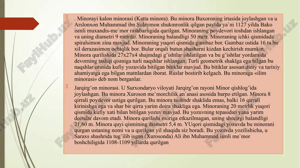 gan shasharning xarobazorlari orasida joylashgan. bu jome masjidining ing tomonidagi yozuvlar qur`oni karim oyatlaridan iborat. chap tomondagi yozuvlar ichida quyidagi qism saqlanib qolgan: uning tarjimasi: …dunyo va dinning a`losi, islom dini va musulmonlarning shimoyachisi, olloshning bu dunyodagi soyasi, sulton tekeshning ig’li, amirulmu`mininning isboti sulton muhammad. demak, bu masjid sulton tekeshning ig’li xorazmshosh sulton muhammad tomonidan qurilgan. bu shoshning poytaxti va boshqa shududdagi chingizxon boshchiligidagi mig’ullar tomonidan vayron qilingan. bu masjiddan bir oz nariroqda 2 ta minora mavjud. ularning birida quyidagicha arabcha yozuv bor: tarjimasi: bismilloshir rashmonir rashim olloshning barakasi bilsin. bu imoratni qurilishi mazkur chegara isteshkomi boshlig’i abu-agarrning ig’li abu ja`far ashmad, ollosh uni yanada baquvvat qilsin. bu davrdagi epigrafik yodgorliklar o’zining soddaligi, ixchamligi bilan ajralib turadi. mig’ullarning o’rta osiyoga bostirib kelishi natijasida xii-xiv asrda ijtimoiy-iqtisodiy taraqqiyot orqaga ketgan edi. bu erda iqtisodiy vaziyatning yomonlashuvi natijasida ulkan yodgorliklar deyarli barpo etilmagan va bu davr epigrafik yodgorliklari asosan qabrlar ustiga irnatilgan …