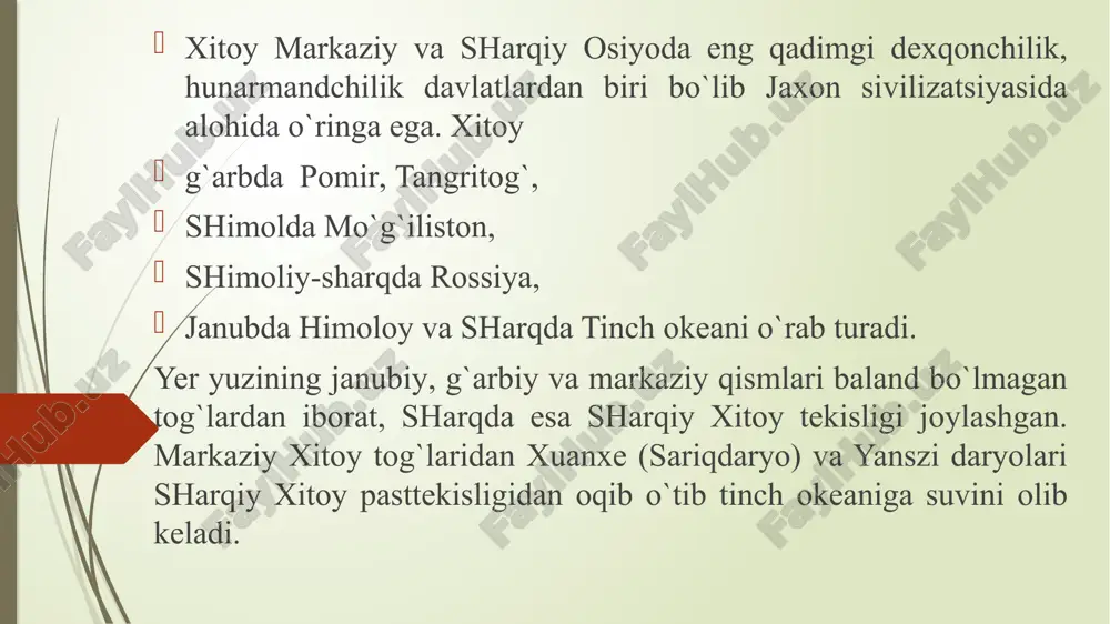 jtimoiy-siyosiy va madaniy hayoti to ‘g‘risida boy ma’lumotlar beradi. sima syan tarixiy voqealarni bayon qilishda kishilar faoliyatini bayon qilish usulini tanlaydi. sima syanning tarixnavislik usulidan «xan tarixi» muallifi ban gu g`arbiy xan (er.aw. 206-yil) sulolasining tarixini yozishda foydalanadi. ban gu xitoy tarixnavisliginmg yangi «sulolalar tarixi» nomini olgan janr asoschisi bo‘lgan. arxeologik ashyolar ham xitoy xududidan olingan 1921 yilda shved olimi i.g.anderson xuanxe o`rta qismida neolit davri manzilgohini o`rganib «yanshao» madaniyatini tarixga olib kiradi. xitoy tarixini arxeologik o'rganishda amalga oshirilgan ishlar muhim ahamiyatga ega. arxeologik qazishmalar natijasida ilk shan davriga oid . ermitou shahri, chansha yaqinida boy qabrlar (er.aw. ill asr) topilgan. tarixnavislik an’anaviy xitoy tarixnavisligida ikki o ‘ziga xos xususiyat: -xitoy madaniyatining boshqa qo‘shni madaniyatlardan ustunligi; -xitoy davlatchiligini kelib chiqishini afsonalarga bog‘lab o‘ta qadimiylashtirish ajralib turadi. xitoy tarixini o ‘rganishni o ‘rta asrlarda yapon olimlari boshlab berdilar. yaponiyada xitoy tarixini barcha davrlari o ‘rganildi. mashhur xitoyshunos olim kaydzuka sigeki qadimgi …