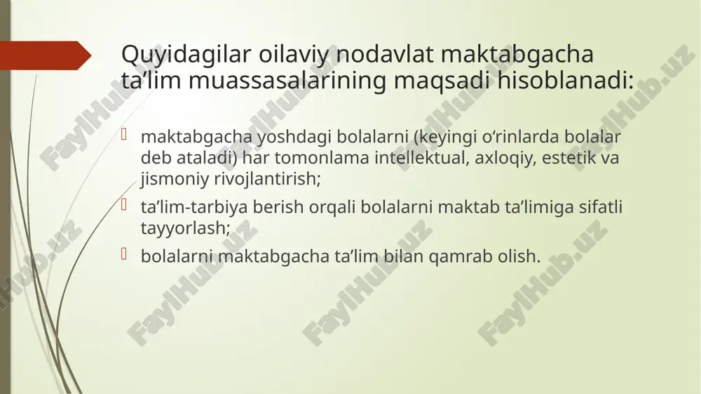 an kelib chiqib muassis tomonidan belgilanadi. oilaviy nodavlat maktabgacha ta’lim muassasasida 5 kunlik ish haftasi uchun, qoida tariqasida, quyidagi kunlik ish tartibi joriy etiladi: 9 soatli; 4 soatli. oilaviy nodavlat maktabgacha ta’lim muassasasi joylashgan hududda yashaydigan aholi talablaridan kelib chiqib, nodavlat maktabgacha ta’lim muassasasida 6 kunlik ish haftasi ham joriy etilishi mumkin. oilaviy nodavlat maktabgacha ta’lim muassasasida bolalarning ovqatlanishi o‘zbekiston respublikasi sog‘liqni saqlash vazirligi tomonidan tasdiqlangan sanitariya qoidalari, normalari va gigiyena normativlari asosida amalga oshiriladi. oilaviy nodavlat maktabgacha ta’lim muassasasi tarbiyalanuvchilariga tibbiy yordam ko‘rsatish sog‘liqni saqlash organlarining shartnoma asosida maxsus biriktirilgan tibbiyot xodimlari tomonidan amalga oshiriladi. tibbiyot xodimlari oilaviy nodavlat maktabgacha ta’lim muassasasi xodimlari bilan birgalikda bolalarning hayoti, sog‘lig‘i va jismoniy rivojlanishi, davolash-profilaktika tadbirlari o‘tkazilishi, sanitariya qoidalari, normalari va gigiyena normativlariga, ovqatlanish rejimi va sifatiga rioya qilinishi uchun javob beradilar. oilaviy nodavlat maktabgacha ta’lim muassasasi xodimlarini tibbiy ko‘rikdan o‘tkazish shartnoma asosida amalga oshiriladi. /docprops/thumbnail.jpeg