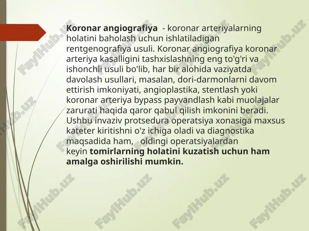 urak va qon tomir kasalliklarini tashxislashda eng ishonchli usul. to‘g‘ri bajarilganda davolash taktikasini belgilashga katta yordam beradi. bugungi kunda kardiologiyada 'oltin standart' sifatida qabul qilingan. image1.png image2.png image3.png image4.png /docprops/thumbnail.jpeg