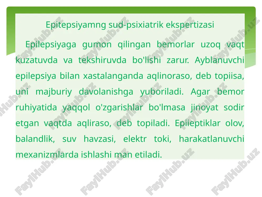 aydo bo'lishi mumkin. psixozlar turli kasalliklarda paydo bo'lishi mumkin. kasallikni aniqlash faqat ehtiyotkorlik bilan tashxis qo'yish orqaligina mumkin. terapiya kasallik va simptomlarga bog'liq. o'z- o'zidan shifo bo'lmasa, davolash ko'pincha neyroleptik moddalar amalga oshiriladi. psixoz image2.jpeg image3.jpeg image4.jpeg image5.jpeg /docprops/thumbnail.jpeg