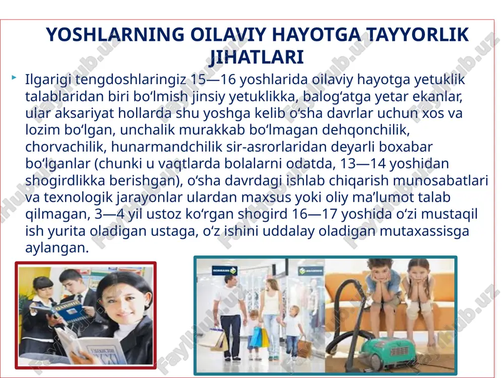 r va aksariyat hollarda oradan 7—8 yil o‘tgandan so‘ng, ya’ni qizlar 19—20 yoshda, yigitlar esa 21—22 yoshda oila quradilar. bu vaqtda esa ular na iqtisodiy jihatdan, na ijtimoiy jihatdan va na psixologik jihatdan oilaviy hayotga tayyor bo‘ladilar. bunday holatlar shubhasiz, ularning oilaviy hayotlarida oldingi tengdoshlari hayotida kuzatilmagan muammolarni keltirib chiqaradi. jamiyat taraqqiyotining bugungi holati hozirgi zamon oilasi oldiga o‘ziga xos yangi ijtimoiy vazifalarni ham yuklaydiki, bularning barchasi hozirgi yoshlarimiznioilaviy hayotga maxsus tayyorlash masalasi eng dolzarb masalalardan biri bo‘lishligini taqozo qilmoqda. shuning uchun ham so‘nggi 15—20 yil davomida dunyoning barcha rivojlangan mamlakatlarida, jumladan, bizning respublikamizda mustaqillikka erishganimizning dastlabki yillaridanoq, oila masalalariga, yoshlarni oilaviy hayotga tayyorlash, oilalarda komil shaxsni shakllantirish masalalariga alohida e’tibor berib kelinmoqda. umuman insoniyat jamiyati tobora taraqqiy etib boraverar ekan, oila masalalarining dolzarbligi ham shunga mos ravishda ortib boraveradi va oilaga bo‘lgan e’tibor ham kecha va bugunga qaraganda ertaga yanada yuqoriroq bo‘ladi. «oila psixologiyasi» fanining maqsadi — oila psixologiyasiga …