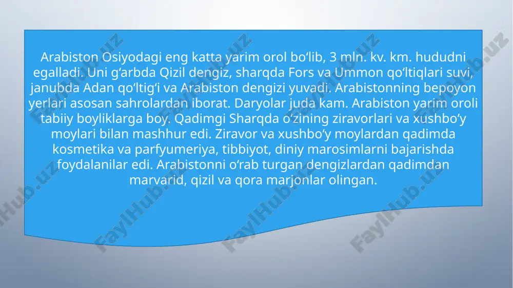 hladilar. natijada ausan katabanga qo‘shib olinadi. main davlati kataban va sabaning tazyiqiga zo‘rg‘a bardosh beradi. mil.avv. iii–i asrlarda zaiflashib qolgan kataban arabistondagi eng kuchli davlatlar saba va xadra maut tomonidan bo‘lib olindi. mil. avv ii asrda eng qudratli davlat saba podsholigi bo‘lgan. saba gullab-yashnagan davrida uning hududi qizil dengizdan xadramautgacha, markaziy arabistondan hind okeanigacha cho‘ziladi. bu davlat yaqin sharq bilan yaqin aloqalarni o‘rnatdi. mil.avv. ii asr oxirida shu vaqtgacha kataban tarkibidagi, poytaxti zafar bo‘lgan yangi ximyarit davlati yetakchi o‘ringa chiqdi. milodiy iv asr boshlarida ximyarit davlati butun janubiy arabistonga o‘z hukmronligini o‘rnatdi. ximyarit davlati davrida janubiy arabiston va efiopiya o‘rtasida urush va tinchlik munosabatlari hukm surdi. mil.avv. i ming yillik o‘rtalaridan milodiy i ming yillik o‘rtalarigacha arabiston yunoniston, ptolomeylar misri va rim imperiyasi bilan juda samarali savdo aloqalarini olib bordi. bu aloqalar hududda savdo-hunarmandchilikning rivojlanishiga ijobiy ta’sir qildi. ko‘chmanchi chorvadorlar savdo yo‘llarini qo‘riqlashda faol ishtirok etdilar. mil.avv. i ming yillikda …