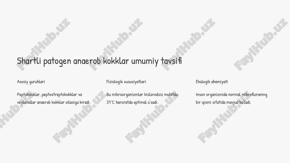 fermentlar ko'p ishlab chiqariladi. 12 qandli diabetda uchraydigan infeksiyalarning laboratoriya tashxisi tekshirish turi xususiyatlari ahamiyati mikroskopiya yiringdan surtma tayyorlash mikrob turini dastlabki aniqlash bakteriologik anaerob sharoitda o'stirish qo'zg'atuvchini ajratib olish antibiotikogramma sezgirlikni aniqlash to'g'ri antibiotik tanlash pcr dnk aniqlash tez va aniq diagnostika 13 infeksiyalarni davolash va oldini olish antibakterial davolash penitsillin, levomitsitin, metronidazol kabi antibiotiklar qo'llaniladi. ular anaerob kokklarga qarshi samarali ta'sir ko'rsatadi. mahalliy davolash yaralarni tozalash, antiseptik eritmalar bilan ishlov berish, steril bog'lamlar qo'llash muhim ahamiyatga ega. profilaktika qandli diabetda muntazam tibbiy ko'rik, oyoq parvarishi, gigiyena qoidalariga rioya qilish kerak. 14 xulosa 70% diabetik infeksiyalar qandli diabeti bor bemorlarning 70% hayoti davomida infeksiyalarga chalinadi. 40% anaerob flora diabetik oyoq infeksiyalarining 40% holatlarda anaerob kokklar ishtirokida kechadi. 3x kasalxonaga yotqizish diabetli bemorlar infeksiyalar tufayli 3 barobar ko'proq kasalxonaga yotqiziladi. 15 foydalanilgan adabiyotlar ushbu taqdimot quyidagi ilmiy va tibbiy manbalardan foydalangan holda tayyorlandi. tibbiy mikrobiologiya bo'yicha adabiyotlar pozdeyev o.k. "tibbiy …