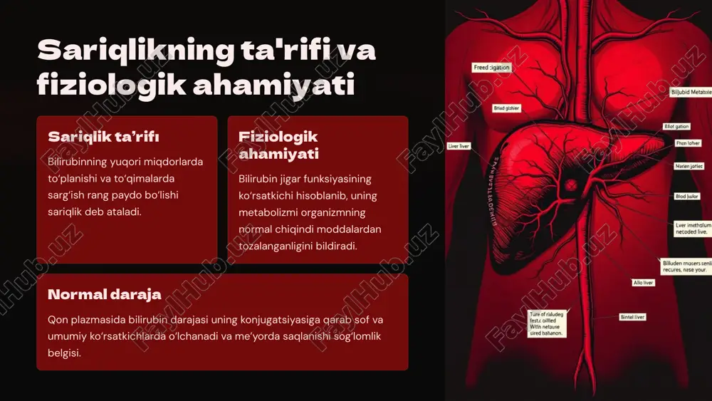 glatadi. protrombin vaqti qonning ivish vaqti, jigar tomonidan sintez qilinadigan qon ivish omillari yetishmasligini ko‘rsatadi. boshqa tahlillar laktat dehidrogenaza (ldh) bilirubin turkumlari (erkin va konjugat) o‘t kislotasi tahlili 10 diferensial tashxis algoritmi va xulosa 1. klinik baholash sariqlik turi, vaqt davomiyligi va simptomlarni aniqlash. 2. laborator testlar bilirubin turlari va jigar fermentlari darajasini o‘lchash. 3. sababni belgilash pre-, gepatik yoki post-gepatik sariqlikni aniqlash. 4. qo‘shimcha testlar jigar biopsiyasi, ultratovush va boshqa diagnostika usullari. 5. davolash va nazorat sariqlik sababiga mos davolash va holatni monitoring qilish. diferensial tashxis biokimyoviy ko‘rsatkichlarga asoslangan holda amalga oshirilib, samarali davolash uchun asos bo‘ladi. to‘g‘ri tashxis sariqlikning turini aniq belgilab, kasallikning asoratlarining oldini olish imkonini beradi. 11 jigar sariqligi — bu bilirubinning metabolik yo‘llari va chiqarilish zanjirining buzilishi natijasida yuzaga keladigan patologik holat bo‘lib, bilirubin shakli va darajasi bilan uning biokimyoviy kelib chiqishini aniqlash mumkin. har bir turli sariqlikda muayyan fermentlar, transport tizimlari yoki jigar hujayralari …