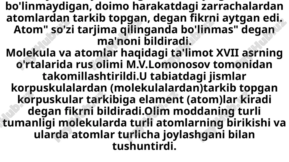 *10-23=16 bu kislorod atomining nisbiy atom massasi. agar modda nomolekular tuzilgan bo'lsa, uning nisbiy molekular massasi modda formulasidagi atomlar sonini hisobga olgan holda elementlar nisbiy atom massalarining yig'indisi sifatida topiladi. bu holda formula modda shartli molekulasining tarkibini ifodalaydi. agar biror kimyoviy reaksiyalar zarrachalar (atomlar, molekulalar va b.) soni jihatidan ko'rib chiqilayotgan bo'lsa, u holda modda miqdori" degan fizik kattalik qo'llaniladi. modda miqdorining birligi mol hisoblanadi. mol bu 0,012 kg (12 g) uglerodda nechta uglerod atomi bo'lsa, tarkibida shuncha zarrachalar (atom, molekula να boshqalar) bo'lgan modda miqdoridir. mol-tarkibida 6,02 102 molekula, atom yoki boshqazarrachalar bo'lgan modda miqdoridir. n 6.02-1023 mol son avogadro doimiysi deb atalgan: 6,02-1023 n = 6,02-102 mol i mol moddaning molyar massasi m modda massasinning moddaga tegishli miqdoria ga nisbatiga teng: m-" masalan, m(h₂o) 368 18g 36 1.88 - 18g/mol 2mol imol 0,5mol 0,1 mol moddaning molyar massasi uning bir molining massasidir. molyar massa, odatda, bir molga to'g'ri …