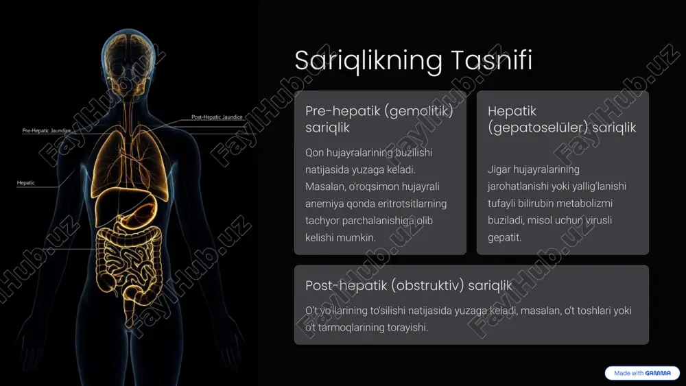 beradi. jiddiylik baholash sariqlik darajasi va qo‘shimcha alomatlarga qarab davolash tezligi belgilanadi. 10 xulosa muvofiq tashxis sariqlikning biokimyoviy differensial tashxisi kasalliklarni aniqlash va samarali davolash uchun juda zarurdir. erta tashxisning ahamiyati tez tashxis qo‘yish va muolaja uglevodlar, gepatitlar va o't yo'llari kasalliklarining oldini olishda muhimdir. kelajak tadqiqotlari biokimyoviy usullarni rivojlantirish bilan saratonga va jigar patologiyalariga qarshi samarali davo yo’llari topiladi. 11 --- foydalangan adabiyotlar: 1. turdalieva r.r. *klinik biokimyo*. – toshkent: ibn sino, 2020. 2. gopka v.i., feshchenko yu.i. *klinicheskaya biokhimiya*. – kiyev: meditsina, 2018. 3. burtis c.a., ashwood e.r., bruns d.e. *tietz textbook of clinical chemistry and molecular diagnostics*. – 6th ed. – elsevier, 2018. 4. henry j.b. *clinical diagnosis and management by laboratory methods*. – 22nd ed. – saunders, 2011. 5. murray r.k., bender d.a., botham k.m. *harper’s illustrated biochemistry*. – 31st ed. – mcgraw-hill, 2018. 6. kumar v., abbas a.k., aster j.c. *robbins and cotran pathologic basis …