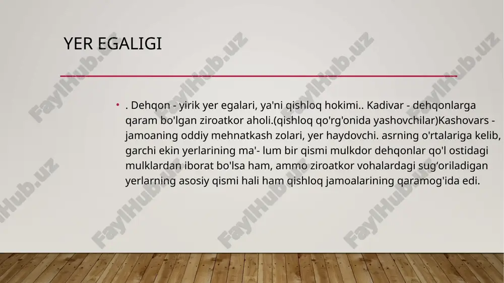 abatlarning tarkib topishi bilan mamlakatning patriarxal qishloq jamoalari ijtimoiy jihatdan tabaqalanib, u yerli mulkdor dehqon va unga qaram bo‘lgan yersiz va erksiz mazlumdiydalarga ajralib ketdi. shu bilan birga dehqonchilik vohalaridagi qishloq jamoalari yerlarida yashab kelgan hamda yer va suvdan iborat umumiy mulkka ega bo‘lgan erkin ziroatchilar — qo‘shchi-kashovarzlarning ma’lum bir qismi jamoa yerlaridan mahrum bo‘ldi. ularning yerdor dehqonlarga qaram mazlum — kadivarlarga aylanish jarayoni kuchaydi. ayrim dehqonchilik vohalarining katta yerlariga ega bo‘lgan dehqonlari o‘z viloyatlarida hatto mustaqil hokim bo‘lib oladilar. xullas, milodning i ming yilligi o‘rtalarida qadimgi turon aholisining ijtimoiy va iqtisodiy hayotida sodir boigan bunday keskin o‘zgarish mamlakatning mayda davlatlarga boiinib ketishiga sabab boiadi. qadimgi sharqda yer egaligi va qulchilik qadimgi sharqda davlat hokimiyati shakllanishi jarayonida yer egaligida jamoa yer egaligidan tashqari davlat yerlari, ibodatxonalarga qarashli yerlar, xususiy va jamoa yerlari mavjud bo`lgan. yaylov, o`tloq, daryo va o`rmonlar jamoa mulki hisoblangan. ko`p hollarda bunday toifalardagi yerlar davlat hokimiyati tomonidan …
