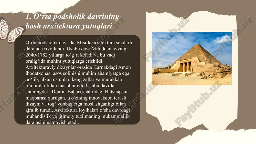 avvalgi 2055-1650 yillar oraligʻida, nil daryosining toshqinlari natijasida dehqonchilik muhim ahamiyat kasb etdi. mehnat kuchi templar va piramidalar qurilishiga ham jalb qilindi. misrda bandlik tizimi asosan davlat nazorati ostida olib borilib, bandlik koʻlami harbiy kuch va davlat xizmatlari bilan kengaydi. ma'muriy tizim orqali dehqonlar va ishchilar farovonligini ta'minlashga harakat qilindi. ushbu davrda ishlab chiqarish asosan qoʻlda bajarilgan boʻlib, mehnatkashlar kuchli ijtimoiy tuzilmaga bogʻlangan edi. ... t.me/slaydai_bot 7. oʻrta podsholik davrida sanʼat va madaniyat 7. oʻrta podsholik davri (taxminan miloddan avvalgi 2000-1600 yillar) misr tarixi va madaniyatida muhim davr hisoblanadi. ushbu davrda sanʼat va meʼmorchilikda yangi uslublar paydo boʻldi. misrning tebes shahri poytaxt bo'lib, amon-re ibodati kuchaydi. shohlar tomonidan karnak va luksor ma'badlari bunyod etildi. fayans va kumushdan tayyorlangan buyumlar keng tarqaldi. ushbu davrda adabiyotda "ipuverning pand-nasihatlari" va "mifologik hikoyalar" yozilgan. amalda haykaltaroshlik va rasmlarda realizm oshib bordi. shu davrda ixtisora nomi bilan tanilgan sanʼatshunoslik ham avj oldi. ... t.me/slaydai_bot 8. …
