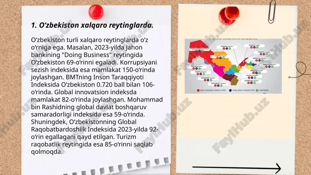ar bu reytinglarni sog‘liqni saqlash tizimlarini yaxshilash uchun ko‘rsatma sifatida ishlatadi. ... t.me/slaydai_bot 2020-yilda o‘zbekiston korruptsiyaga qarshi kurash agentligi tashkil etildi. transparency international tashkilotining 2022-yilgi korruptsiya indeksida o‘zbekiston 31 ball to‘plab, 180 davlat ichida 140-o‘rinni egalladi. 2021-yilda mamlakatda jami 1,500 korruptsiya bilan bog‘liq jinoyatlar qayd etilgan. oxirgi yillarda davlat xizmatchilarining maoshi oshirilib, 80 foizga yaqin davlat xizmatchilari maxsus malaka oshirish kurslaridan o‘tkazildi. shuningdek, 100 dan ortiq qonuniy hujjat korruptsiyaga qarshi kurash maqsadida qayta ko‘rib chiqildi va 50 dan ortiq yangi qonun qabul qilindi. mazkur chora-tadbirlar, korruptsiyaga qarshi kurash jarayonini kuchaytirishga qaratilgan. ... t.me/slaydai_bot 7. o‘zbekistonning siyosiy barqarorligi. o‘zbekistonning siyosiy barqarorligi ko‘p qirrali omillarga tayanadi. 2023-yilda xalqaro global tinçlik indeksi reytingida o‘zbekiston 69-o‘rinni egallab, sobiq sovet davlatlari orasida barqaror mamlakatlardan biri sifatida e’tirof etildi. shengen viza liberalizatsiyasi bo‘yicha mamlakat 753 ball to‘plab, o‘rtacha reytingga ega. 2016-yildan beri yuz berayotgan islohotlar natijasida to‘g‘ridan-to‘g‘ri xorijiy investitsiyalar hajmi 2022-yilda 3 milliard aqsh dollaridan oshdi. …