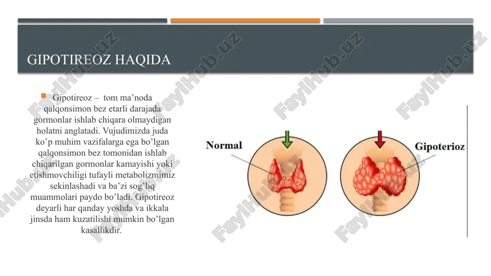 a tanada katakchalar (panjara) chizish kerak, iloji bo’lsa bu kechki vaqt, jismoniy faollik tugaganidan keyin o’tkazilishi kerak. qoringa va belga alohida e’tibor bering. yodning mutlaq quriganidan so’ng, yotib uxlang. shunday qilib, agar ertalab katakchalarning kamida yarimi «shimilib» ketgan bo’lsa, unda tanadagi yod miqdori yetarli emas. agar u chiziqlar 12 soatdan ortiq, ayniqsa 24 soat davomida aniq saqlanib turgan bo’lsa, unda organizmda yod ortiqcha ekanligiga ishora qiladi, bu holat bilan ham kurashish kerak. davolash usullari buqoqni davolashning asosiy usuli gormonlarni o’rnini bosish hisoblanadi. buning uchun tirozinning turli xil faol unumlari ishlatiladi. gipotireoz har kuni sintetik tiroid gormonlarini almashtirish bilan davolanadi. levotiroksin deb ataladigan dorining shaxsiy dozasi shifokor tomonidan belgilanadi. ushbu dori tanadagi etishmayotgan qalqonsimon gormonni almashtiradi va gormon darajasini normal holatga qaytaradi. dozani sozlash davolash boshlanganidan keyin bir muncha vaqt o’tgach, qon testlari orqali amalga oshiriladi. dozani to’g’irlash va muntazam ravishda kuzatib borish sharti bilan bu davolash umrbod qo’llanilishi mumkin. qalqonsimon …