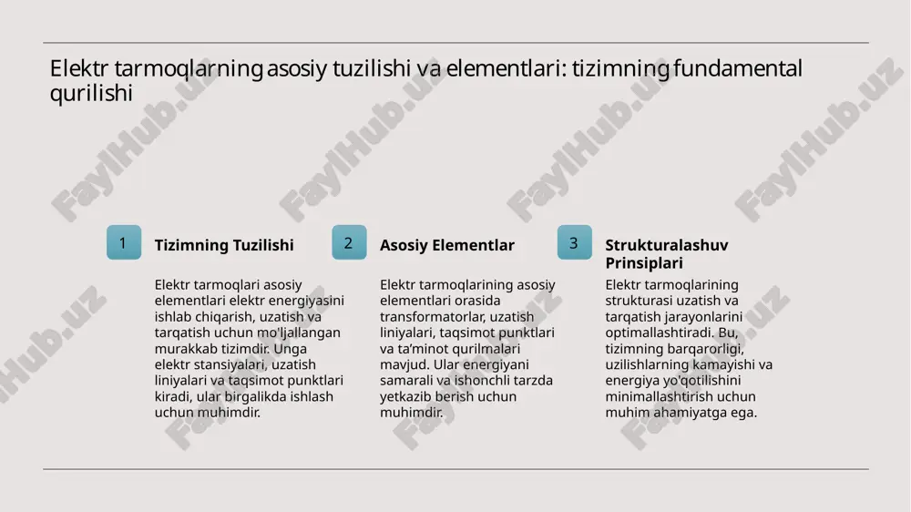 olarni kamaytiradi. muammoli holatlar tarqatish tizimlarida uzilishlar va texnik muammolar, ayniqsa, ortiqcha yuklar va texnologik nosozliklar bilan bog‘liq bo‘lib, ularni oldini olish uchun rivojlangan monitoring zarur. barqarorlik va rivojlanish elektr tarqatish tizimlarining barqarorligini ta’minlash uchun infratuzilmani modernizatsiya qilish, xavfsizlikni oshirish va yangi texnologiyalarni joriy etish muhimdir. elektr tarmoqlarda energiya ta’minoti va tarqatish jarayonlarining rivojlanishi va istiqbollari 01 tarqalish jarayonlari elektr energiyasining ta’minoti va tarqatish jarayonlari rivojlanishda yangi texnologiyalar va infratuzilma loyihalarini joriy etishni talab qiladi, bu esa energiya uzatish samaradorligini oshiradi. 02 innovatsion yondashuvlar zamonaviy energiya ta’minoti tizimlari ishlab chiqish va kengaytirish uchun smart grid texnologiyalari, avtomatlashtirish va qayta tiklanadigan energiya manbalaridan foydalanishni rivojlantirmoqda. 03 kelajak istiqbollari rivojlanish istiqbollari energiya ta’minoti va tarqatishda innovatsiyalar, ekologik barqarorlik va energiya samaradorligini oshirishga qaratilgan strategiyalarni o’z ichiga oladi. elektr tarmoqlarning rivojlanish tarixiy jarayoni va muhim infratuzilmaviy omillar. 1 tarixiy rivojlanish - elektr tarmoqlarining rivojlanishi xix asrda birinchi generatorlar va elektr ta’minoti tizimlarining paydo …