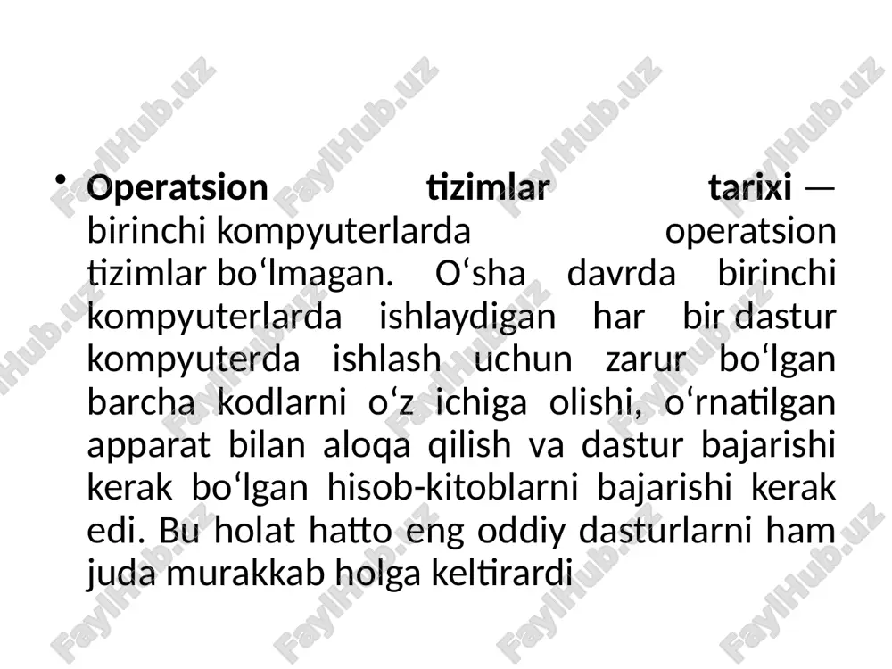 arida boshlangan. applening ilk modellarida sos (sophisticated operating system) va dos-3 kabi oddiy konsol operatsion tizimlari ishlatilgan. 1984-yil aprel oyida apple kompyuterini bozorga chiqargandan soʻng kompaniya oʻzining birinchi operatsion tizimini grafik qobiqli interfeysga ega boʻlgan macos 1.0 deb nomlangan ishlab chiqish va tijoratlashtirishga muvaffaq boʻldi. 1985-yilning yanvarida ilk bor taqdim etilgan platforma haqiqiy sensatsiyaga aylandi, chunki shu paytgacha hech bir kompaniya bunday ixcham, ishonchli va ishlatish uchun qulay tizim yarata olmagan edi. 1986-yil 26-noyabrda apple apple ii seriyali kompyuterlar uchun macos 1.0 versiyasi asosida ishlab chiqilgan va apple ii desktop deb nomlangan grafik oyna oynasi qobigʻining chiqarilishini e’lon qildi. ushbu oyna muhiti macosʼning birinchi versiyasidan katta farqlarni oʻz ichiga olmaydi, faqat ishlab chiquvchilar macintosh finderʼni oddiyroq fayl boshqaruvchisi “selector” bilan almashtirdilar, bu esa disklarda saqlangan maʼlumotlar bilan elementar operatsiyalarni bajarish va turli dasturlarni ishga tushirish imkonini berdi. mobil operatsion tizimlar e’tiboringiz uchun rahmat image1.jfif image2.jfif image3.png image4.png image5.png image6.jfif image7.jfif …