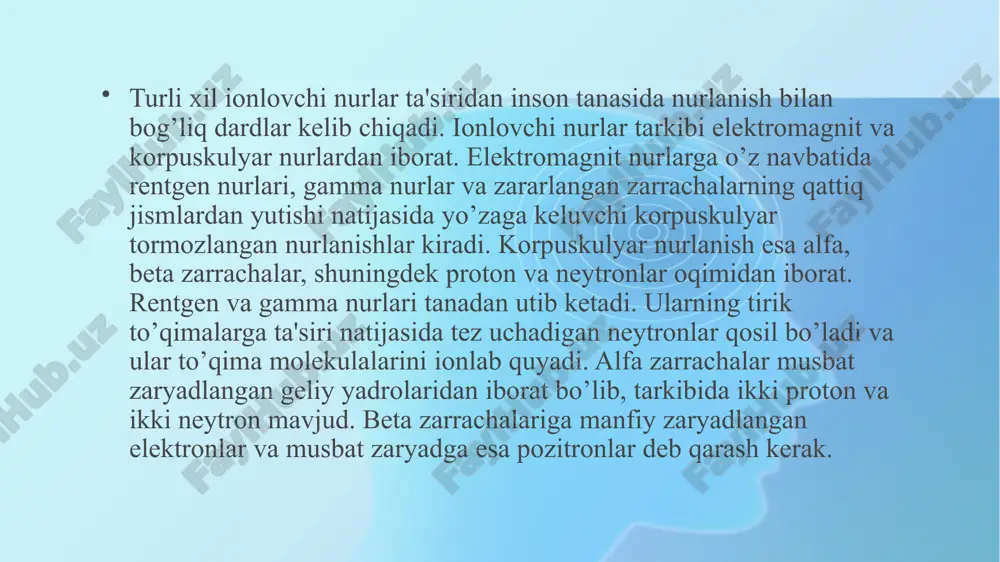 lanadi, goho bepushtlik rivojlanadi. o’tkir nur kasalligiga ko’pincha zotiljam, sepsis, tomoq va quloq og’riqi qo’shilishi mumkin. barcha yuqumli xastaliklar nurlangan bemorlarda og’ir kechadi. bunda tana harorati ko’pincha ko’tarilib ketadi. kasallyk qo’zg’algan davr uchun xos belgilardan biri teri va shilliq qavatlar ostiga qon quyilishidir. o’tkir nur kasalligini davolash. kasallikning dastlabki noxush simptomlarini bartaraf etnsh maqsadida qusishga qarshi, ichish va in'eksiya uchun dorilar yuboriladi. zararlanishning yengil turida ichishga aeron, etaperazin va aminazin tayinlanadi. o’rtacha og’ir, og’ir va juda og’ir kechadigan nur kasalligida qusishga qarshi aminazinning 2,5 foizli eritmasidan 2 ml, etaperazinying 0,6 foizli eritmasidan 1 ml va atropinning 0,1 foizli eritmasidan 1 ml mushaklar orasiga yuboriladi. yuqorida qayd etilgan barcha dori moddalari kuniga 2-3 martadan tavsiya etiladi. og’ir hollarda, ya'ni qusish tuxtovsiz uzoq davom etganda, qonda xlor miqdori kamayib ketganda elektrolitlar almashinuvini yaxshilash uchun 500-800 ml natriy xloridning izotonik ervtmasi yoki 400-800 ml to’zli "disol", "xlorosol", shuningdek siydik haydovchi dorilar (laziks va …