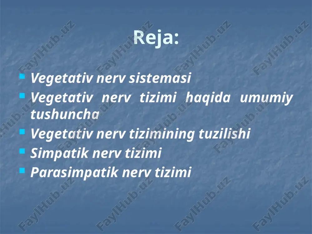boʻlib ishlaydi, uni markaziy nerv sistemasining oliy boʻlimlari, asosan bosh miya katta yarim sharlari poʻstlogʻi nazorat qilib turadi. mas., organizmga sovuq taʼsir qilganda simpatik nervlar qoʻzgʻalib, qon tomirlar torayadi. gipofiz, buyrak usti bezi, qalqonsimon bez faoliyati kuchayadi, natijada bir talay adrenalin ajralib, organizmda issiqlik saqlanishini taʼminlaydi. aksincha, organizmda issiqlik koʻpayishi tufayli parasimpatik nervlar qoʻzgʻaladi. v.n.s.ning faoliyati turli kasalliklar davrida, obhavoning oʻzgarishi, tashqi va ichki taʼsirlar orqali oʻzgaradi vegetativ nerv tizimi haqida umumiy tushuncha. vegetativ nerv tizimi x1x asrning boshida fransiyalik fiziolog f.k.bishning taklifiga muvofiq, bajaradigan funksiyasiga ko‘ra nerv tizimi ikki qismga: somatik va vegetativ nerv tizimiga bo‘linadi. somatik nerv tizimi odam tanasining skelet muskullari, sezgi a'zolari ishini boshqaradi. vegetativ nerv tizimi ichki a'zolar (nafas olish, qon aylanish, ovqat hazm qilish, ayirish, jinsiy va hokazo) ichki sekretsiya bezlarining ishini hamda moddalar almashinuvi jarayonini boshqaradi. skelet muskullaridagi moddalar almashinuvi jarayoni ham vegetativ nerv tizimi tomonidan, ammo bu muskullarning sezish va harakatlanish funksiyalari …