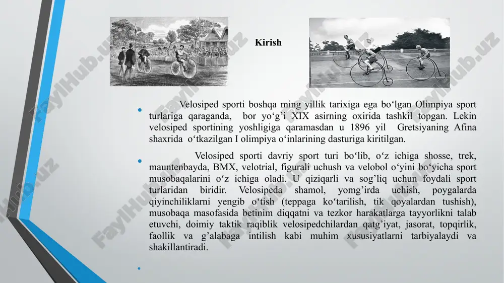 r uzatmali velosipeddan koʻra uning harakatlanishi tezroq boʻlib, “oʻrgimchak” velosipedida tezlik 25 km/soatni tashkil etar edi. velosipedni mukammallashtirishdagi xaqiqiy toʻntarilish 1885-1888 yillarda, shotlandiyalik boyd danlop ixtiro qilgan kauchukli shinalar ixtiro etganda sodir boʻldi. ilgari patentlangan rezinali shinalarga qaraganda ular texnik ravishdan mukammalroq va ishonchliroq edi. bir yildan soʻng pedalli tormozlar va erkin harakat mexanizmi ixtiro etildi. bu mexanizm velosiped oʻzi aylanayotgan vaqtida ham pedallarni aylantirish imkonini berdi. tahminan shu vaqtda qoʻl tormozi xam ixtiro etildi, biroq u ancha keyinroq qoʻllana boshlandi. 1903 yilda charhdan charhga oʻtgazgich “planetar” moslama ixtiro etildi, lekin bu moslama xx asrning oʻtizinchi yillarida qurilayotgan aftomobil yoʻllarida yurish tezlikni oshirish uchun kerak boʻlib, sekin asta keng diqqatga sazovor boʻldi. bugungi tezlikdan tezlikka oʻtkazish mexanizimining oʻxshashi 1950 yilda italiyalik velopoygachi va velosipedlarni ishlab chiqaruvchi tullio kampang’olo tomonidan ixtiro etildi. 1974 yilda velosipedlar titandan, bir yildan keyin esa ugleplastikdan ishlab chiqarila boshlandi. xozirgi kunda velosiped tuzilishiga uning mustahkamligini, yengilligini, …