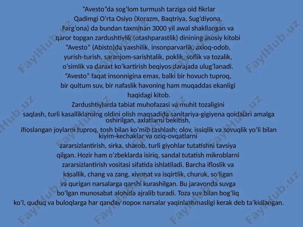 yimi, turgan - o‘tirgan joyi va o‘ziga tegishli narsalarning barchasi ozoda bo‘lmog‘i lozim. alloh spirtli ichimlik bilan qimor o‘yinlarni iflos narsa, shaytonning ishlaridan deydi. chunki bu ikki narsadan ko‘plab yomonliklar va fasodlar kelib chiqadi. har qanday spirtli icliimlikning zararlarini sanab oxiriga yetkazib bo‘lmaydi. sog‘lom turmush tarzi haqida sharq mutafakkirlarining fikrlari mashhur faylasuf, fors-tqjik olimi, abu bakr ar-roziy {865- 925) o‘zining “ma’naviyat tibbiyoti”, “falsafiy turmush tarzi” kabi asarlarida inson salomatligiga ta’sir ko‘rsatuvchi omillar haqida batafsii ma’lumotlar beradi. “ma’naviyat tibbiyoti” asarida tibbiyotni ikkiga: jismoniy va ruhiy tibbiyotga ajratadi. jismoniy tibbiyotni — inson tanasi kasalliklarning oldini olish va davolash, ruhiyat tibbiyotini esa inson ruhiy axloqini yo‘lga qo‘yish va insonning ma’naviy sifatlarini takomillashtirish deb belgilaydi. ar-roziy o‘zining “rohatlanish nazariyasi”da odamlarga oqilona hayotdan zavqlanib, sog‘lom yashashni, azob-uqubat chekishdan saqlanishni, rostgo‘ylikni, axloqiy poklikni, odamlarga nisbatan yaxshilik qilishni va o‘zining foydali ishlari bilan doimo ularga xizmat qilishi lozimligini uqtirib o‘tadi buyuk ensiklopedist olim, vatandoshimiz abu ali ibn …