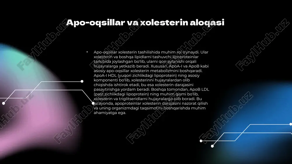 a bo'lib, xolesterin va boshqa lipidlarni organizm ichida etkazib berish vazifasini bajaradi. ularning asosiy vazifalaridan biri, xolesterin darajasini muvozanatlashdir. xolesterin tashilishidagi asosiy apo-oqsillarning roli. xolesterin tashilishida apob, apoe va apoc oqsillari muhim ahamiyatga ega. apob xolesterin va triglitseridlarni o'z ichiga olgan lipoproteinlar uchun asosiy struktura hisoblanadi. apoe esa xolesterin va lipidlarni organlarga tashishda yordam beradi, shuningdek, xolesterin darajasini muvozanatlashda ishtirok etadi. photo by altumcode on unsplash xolesterin tashilishida qo'llaniladigan metodlar xolesterin tashilishidagi asosiy metodlar haqida ma'lumot. xolesterin tashishi uchun bir necha asosiy metodlar mavjud. bular orasida lipoproteinlar orqali tashilish, hujayra membranalariga kirish va metabolik jarayonlar muhim ahamiyatga ega. har bir metod xolesterin darajasini boshqarishda o'ziga xos rol o'ynaydi, bu esa sog'liq uchun juda muhimdir. har bir metodning afzalliklari va kamchiliklari. xolesterin tashish metodlarining afzalliklari va kamchiliklari bor. masalan, lipoproteinlar orqali tez va samarali tashish mumkin, lekin bu jarayon o'zgarishlarga nisbatan zaif. boshqa metodlar esa sekinroq bo'lib, barqaror natijalarga olib keladi. …
