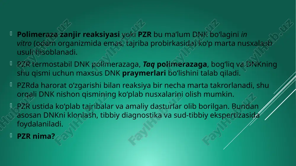 li andoza hosil bo‘ladi 2.yumshatish(55-60):praymerlar andoza dnk dagi komplimentar qismlariga bog‘lanish uchun reaksiyada harorat pasaytiriladi. 3.uzaytirish(72):toq polimeraza praymerlarni uzaytirib,yangi dnk zanjirlarini sintezlashi uchun reaksiyada harorat ko‘tariladi. bu sikl oddiy pzr reaksiyasida 25-35 marta takrorlanadi,umumiy hisobda dnk ning ko’paytiriladigan qismiga bog’liq ravishda 2-4 soat vaqt sarflanadi.agar reaksiya samarali bo’lsa,nishon qism bir nechtadan milliard marotabagacha ko’payishi mumkin.chunki har reaksiyada faqat boshlang’ich dnk andoza sifatida xizmat qilmaydi,balki bitta reaksiyada yangi sintezlangan dnk ham keying reaksiyada andozaga aylanadi.reaksiyada praymerlar va taq polimeraza molekulalari juda ko’p miqdorda bo’ladi,shu tufayli dnk molekulalari soni har reaksiya siklida ikki barobarga ortishi mumkin.bunday eksponensial o’sish darajasi quyidagi rasmda tasvirlangan. pzr natijalarini vizual tekshirish uchun gel elektroforezdan foydalaniladi pzr reaksiyasi natijalari odatda gel elektroforez usuli yordamida vizual (koʻz bilan koʻriladigan) tahlil qilinadi. gel elektroforez – bu dnk fragmentlarini elektr toki yordamida gel matritsasi orqali oʻtkazib, ularni hajmiga koʻra ajratadigan usul. odatda pzr namunasidagi boʻlaklarning oʻlchamlarini aniqlash uchun standart yoki dnk …