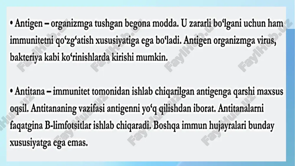 alar suyak koʻmigida hosil boʻladi va rivojlanadi, t hujayralar esa suyak koʻmigida hosil boʻladi, lekin timus (ayrisimon bez)da rivojlanadi. limfotsitlar – adaptiv immunitetning asosi b hujayralarining rivojlanishi qizil suyak iligida, t hujayralari timusda sodir bo'ladi t va b– limfositlar b –l. organizmning gumoral tipdagi maxsus himoyalanishini t-l. organizmning hujayra tipidagi maxsus himoyalanishini ta'minlaydi v – limfotsitlar subpopulyatsiyalari: v-antigen aniqlab oluvchi v – supressorlar v – plazmatik v – xotira v- xelperlar t-antigen aniqlab oluvchi t- supressorlar t- xelperlar t- killerlar t- xotira t-limfotsitlar subpopulyatsiyasi immun tanqislik xolatlari tug'ma orttirilgan tug'ma immun tanqislik holat: birlamchi ikkilamchi hayot davomida orttirilgan immun tanqisliklar birlamchi ikkilamchi birlamchi : hayot davomida orttirilgan - agammaglobulinemiya (immunoglobulin sintezi buziladi) limfogranulematoz oits fagotsitlar nuqsoni (buni hujayra ichidagi parazitlar va boshqa sabablar keltirib chiqaradi) ikkilamchi : t va v – limfotsitlar populyatsiya- sining defekti infektsiyalar va intoksikatsiyalar- dan so'ng kelib chiqqan defektlar metabolitik buzilishlar natijasida – ya'ni diabet, semirish, …