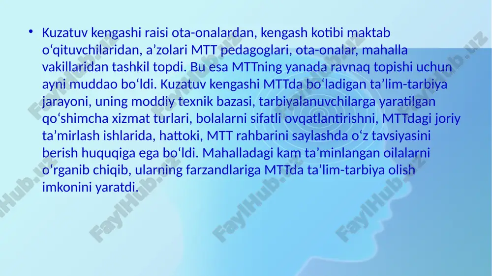 lig‘ining buyrug‘i bilan tayinlanadi. tashkilotning direktori yoki uning o‘rinbosarlari, shuningdek ularning yaqin qarindoshlari kengash a’zolari sifatida saylanishiga yo‘l qo‘yilmaydi. kengash a’zosi kengashning yig‘ilishlarida surunkali 3-marta uzrli sabablarsiz ishtirok etmagan taqdirda, u kengash a’zolari tarkibidan chiqariladi. mazkur nizom davlat maktabgacha ta’lim tashkilotlariga (bundan buyon matnda tashkilot deb yuritiladi) tatbiq etiladi. mazkur nizom nodavlat maktabgacha ta’lim tashkilotlari uchun tavsiyaviy xususiyatga ega. 2. kengash yuridik shaxs hisoblanmaydi va davlat ro‘yxatidan o‘tkazilmaydi. kengash tashkilotni boshqarishda strategik organ hisoblanadi. 3. kengashning asosiy maqsadlari quyidagilardan iborat: tashkilotning ustuvor vazifalarini belgilash; tuman (shahar) maktabgacha ta’lim bo‘limi (bundan buyon matnda hududiy bo‘lim deb yuritiladi) tomonidan tavsiya etilgan nomzodlar tarkibidan xotin-qizlar va erkaklar uchun teng huquq hamda imkoniyatlar kafolatlarini ta’minlash prinsiplariga muvofiq maktabgacha ta’lim tashkiloti direktorini saylash; tashkilotning maqsadlari va vazifalarini hamda ularga erishish rejalarini tasdiqlash; tashkilotda amalga oshirilishi belgilangan vazifalarning bajarilishi va maqsadli ko‘rsatkichlarga erishilishi ustidan nazorat olib borish. 4. kengash o‘z faoliyatini o‘zbekiston respublikasining konstitutsiyasi va qonunlari, …