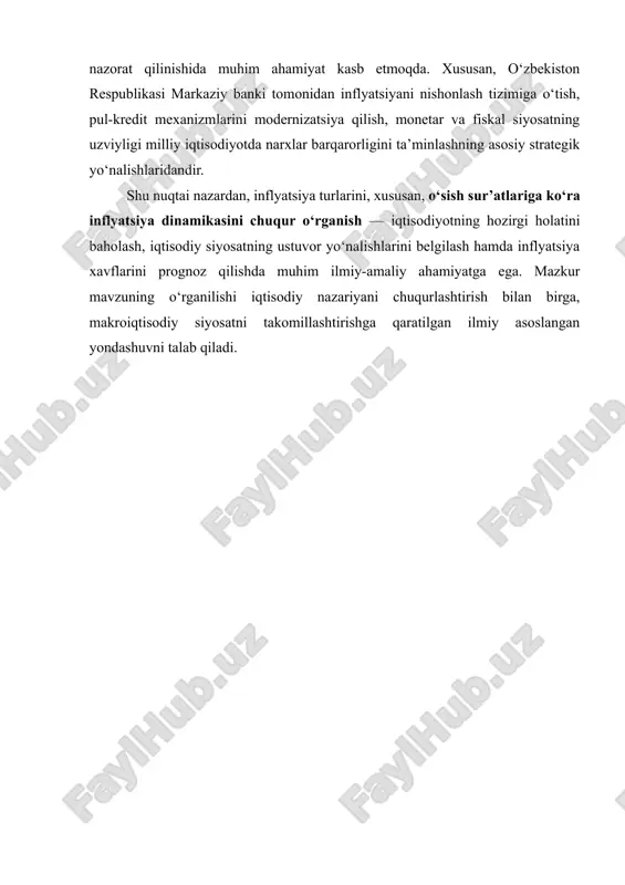 ogik omillar bilan chambarchas bog‘liq bo‘lgan kompleks iqtisodiy jarayondir. shuning uchun inflyatsiya makroiqtisodiyotning eng murakkab va ko‘p qirrali kategoriyalaridan biri sifatida qaraladi. iqtisodiy adabiyotlarda inflyatsiya turlicha talqin qilinadi. klassik iqtisodiy maktab vakillari inflyatsiyani muomaladagi pul massasining ortiqcha emissiyasi natijasi sifatida izohlashgan. monetaristlar, xususan m.fridman, inflyatsiyani «doimo va har yerda pul hodisasi» deb ta’riflab, pul taklifining oshishi uning asosiy manbai ekanini ta’kidlaydi. keyneschilar esa inflyatsiyani talab va taklif nomutanosibligi, investitsiyalar hajmi va iste'mol xatti-harakatlaridagi o‘zgarishlar bilan bog‘lab, inflyatsiyani iqtisodiyotdagi tarkibiy muammolar natijasi sifatida ko‘radilar. zamonaviy iqtisodiy yondashuv esa inflyatsiyani ko‘p omilli va dinamik jarayon sifatida baholab, uni iqtisodiy sikllar va pul-kredit siyosati bilan uzviy bog‘laydi. inflyatsiya iqtisodiyotda ikki asosiy funksional rolda namoyon bo‘ladi: barqarorlashtiruvchi (stimulyativ) va beqarorlashtiruvchi (destabilizatsion). mo‘tadil darajadagi inflyatsiya iqtisodiy faollikni rag‘batlantirishi, ishlab chiqaruvchilarni sarmoya kiritishga undashi va iqtisodiy o‘sishni qo‘llab-quvvatlashi mumkin. bu jarayon investitsiyalar oqimini oshiradi, korxonalar rentabelligini ko‘taradi va bandlik darajasini barqarorlashtiradi. shu nuqtayi nazardan, ayrim iqtisodiy …