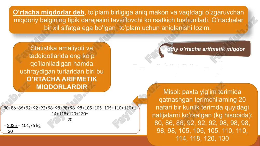 ariantaning o’rtacha variantadan farqi farq yoki tafovutning chastotaga ko’paytmasi (x-)f 65 75 85 95 105 115 125 135 10 30 50 60 145 110 80 15 (65-105,5)=-40,5 (75-105,5)=-30,5 (85-105,5)=-20,5 (95-105,5)=-10,5 (105-105,5)=-0,5 (115-105,5)=9,5 (125-105,5)=19,5 (135-105,5)=29,5 -405 -915 -1025 -630 -72,5 1045 1560 442,5 jami 500 52750 “momentlar” usuli orqali variatsion qatordan o’rtachalarni hisoblash yuqoridagi xossalardan foydalanib variatsion qatordan o’rtachani xosil qilish uchun: barcha variantalardan doimiy sonni ayirish, ya’ni variantalar qatoridagi eng ko’p chastotaga ega bo’lgan o’rtadagi variantani tanlagan ma’qul, bunday varianta misolimizda 105 ga teng; barcha variantalarni doimiy songa bo’lish, bunda doimiy son sifatida oraliq miqdori 10 ni tanlagan ma’qul. chastotalarni foizlarda aks ettirish tavsiya etiladi. arifmetik o’rtachani yuqoridagi ikki usulda hisoblash “momentlar” usuli deb yuritiladi. variantalar, x kichraytirilgan varianta, a=105, k=10, chastotalar, f (jamiga nisbatan foizlarda) ´ f 65 75 85 95 105 115 125 135 =-4 =-3 =-2 =-1 =0 =1 =2 =3 2 6 10 12 29 22 …