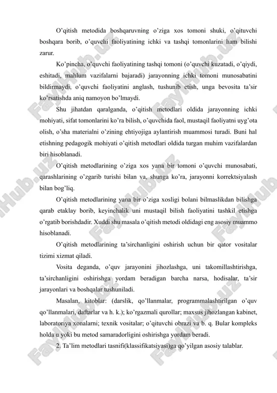 . ko’pincha, o’quvchi faoliyatining tashqi tomoni (o’quvchi kuzatadi, o’qiydi, eshitadi, mahlum vazifalarni bajaradi) jarayonning ichki tomoni munosabatini bildirmaydi, o’quvchi faoliyatini anglash, tushunib etish, unga bevosita ta’sir ko’rsatishda aniq namoyon bo’lmaydi. shu jihatdan qaralganda, o’qitish metodlari oldida jarayonning ichki mohiyati, sifat tomonlarini ko’ra bilish, o’quvchida faol, mustaqil faoliyatni uyg’ota olish, o’sha materialni o’zining ehtiyojiga aylantirish muammosi turadi. buni hal etishning pedagogik mohiyati o’qitish metodlari oldida turgan muhim vazifalardan biri hisoblanadi. o’qitish metodlarining o’ziga xos yana bir tomoni o’quvchi munosabati, qarashlarining o’zgarib turishi bilan va, shunga ko’ra, jarayonni korrektsiyalash bilan bog’liq. o’qitish metodlarining yana bir o’ziga xosligi bolani bilmaslikdan bilishga qarab etaklay borib, keyinchalik uni mustaqil bilish faoliyatini tashkil etishga o’rgatib borishdadir. xuddi shu masala o’qitish metodi oldidagi eng asosiy muammo hisoblanadi. o’qitish metodlarining ta’sirchanligini oshirish uchun bir qator vositalar tizimi xizmat qiladi. vosita deganda, o’quv jarayonini jihozlashga, uni takomillashtirishga, ta’sirchanligini oshirishga yordam beradigan barcha narsa, hodisalar, ta’sir jarayonlari va boshqalar tushuniladi. …