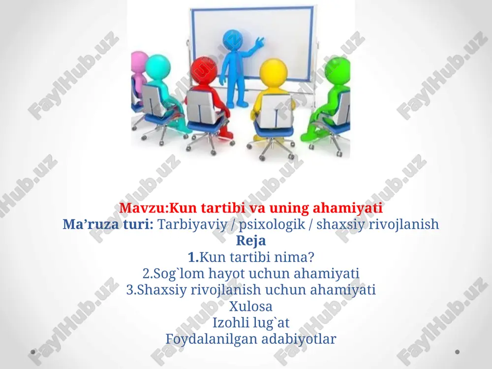 vaqt oralig‘iga ajratish-qaysi ish qaysi vaqtda qilinsa unumli bo`lishi haqida gap ketyabdi. masalan:abed uchun ovqatni nonushtadan so`ng solib qo`yish men uchun unumdorligimga ta`sir ko`rsatadi. “pomodoro” yoki “time blocking” usullaridan foydalanish-uzoq vaqt davomida diqqatni ushlash qiyin masala, shuni inobatga olib uzoq vaqt davomida bajarilishi kerak bo`lgan darslarni shu usullardan foydalanib qilish samara beradi. ijtimoiy tarmoqlarga cheklov qo‘yish-screentime qo`yish bizga bizni vaqtimiz o`g`rilari bo`lgan ijtimoiy tarmoqlarda qolib ketmasligimizni ta`minlaydi sog‘lom hayot uchun tartib 1.erta uyg‘onish-bu kunimizni 24dan 28soatgacha uzaytiradi 2.to‘g‘ri ovqatlanish-bu miyamiz ishlashi,quvvatimiz yetarli bo`lishini ta`minlaydi. 3.sport bilan shug‘ullanish-bu judayam muhim jarayon. qaysi sohasida rivojlangan,yaxshi daromadga chiqgan ruhan sog`lom odamni kuzatgan bo`lsam barchasi shu odatlari borligini aytishadi. 4.yetarli uyqu (7–8 soat)-bu nisbiy tushuncha mening nazarimda. chunki kuniga 4 soat uxlash ham mumkinligi haqida bir kitob o`qiganimdan keyin aksariyat erta uyg`onib rejalashtirgan ishlarimni qilib yuraman. ba`zida esa 7-8 soatlik uyquni ham ma`qullayman. o‘qish va ish uchun kun tartibi eng samarali vaqt: ertalabki 4:00–11:00 …