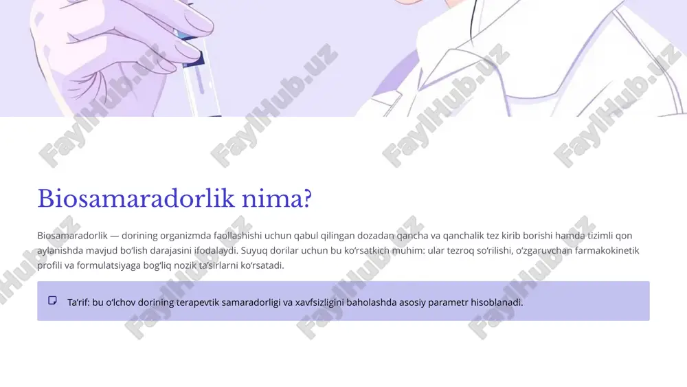 a barqarorligini oshirish mumkin. aniq o‘lchov vositalari dozaning aniqligi uchun shpritslar yoki o‘lchov stakanlari kabi standartizatsiyalangan vositalardan foydalanish zarur. saqlash sharoitlarini nazorat qilish harorat, yorug‘lik va namlikni optimal qiymatlarda saqlash biosamaradorlikni himoya qiladi. sifat nazorati va sertifikatlash mahalliy va xalqaro standartlarga asoslangan qat'iy nazorat, testlash va sertifikatlash jarayonlari zarur. 9 klinik ahamiyati suyuq dorilarning biosamaradorligi bemorlarning davolanish natijasiga bevosita ta'sir qiladi: noto‘g‘ri bioavailability terapevtik samarasizlikka yoki toksik ef­fektlarga olib kelishi mumkin. bu jihat bolalar va qariylar uchun ayniqsa muhim, chunki ularning farmakokinetik parametrlari kattalardan farq qiladi. klinik tadqiqotlar, barqaror formulatsiya va nazorat — xavfsiz va samarali dori ta'minlashning asosi. 10 xulosa va tavsiyalar tadqiqot va monitoringni kengaytirish o‘zbekistonda biosamaradorlikni monitoring qilish uchun mukammal ilmiy tadqiqotlar va farmakopeya standartlarini rivojlantirish zarur. xalqaro hamkorlik xalqaro standartlar va tajribalarni joriy etish, shuningdek texnologik hamkorlik orqali sifatni ta’minlash muhim. ta'lim va kasbiy treninglar bemorlar va tibbiyot xodimlarini suyuq dorilarni to‘g‘ri qo‘llash, saqlash va o‘lchash …