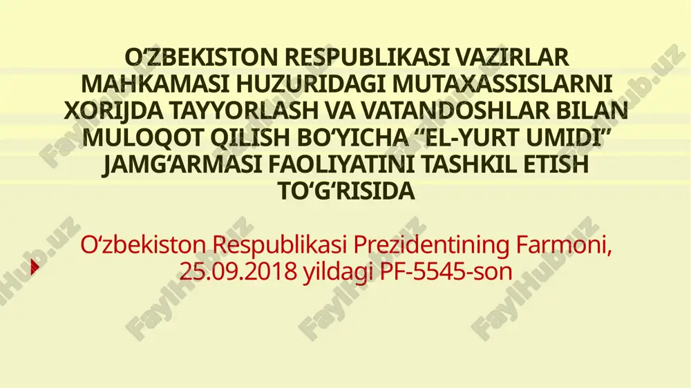 ing 2024 yilda g‘olib bo‘lgan stipendiatlari rivojlangan 10 ortiq davlatning 105 ga yaqin universitetida ta’lim oladi. ularning bugungi kun holatiga 285 nafari xorijga ta’lim olish uchun yuborildi. mazkur stipendiatlarning 95 foizi g7 mamlakatlaridagi nufuzli universitetlarda ta’lim olishi rejalashtirilgan. ayni vaqtda jamg‘armaning 730 nafar stipendiati xorijiy nufuzli universitetlarda ta’lim olmoqda. bundan tashqari 1 ming 340 nafar stipendiat o‘zbekistonga qaytib, xorijda to‘plagan ilg‘or bilim va ko‘nikmalarini iqtisodiyotning turli tarmoqlarida, ta’lim, fan, tibbiyot hamda davlat boshqaruvi yo‘nalishlarida mehnat faoliyatida qo‘llab kelmoqda. jamg‘arma tomonidan 2024 yilda xorijiy davlatlarning nufuzli universitetlari va xalqaro ta’lim tashkilotlari bilan 150 dan ortiq uchrashuv va vebinarlar o‘tkazildi, 10 dan ortiq ikki tomonlama hamkorlik memorandumi imzolandi hamda buning natijasida stipendiatlarning o‘qish xarajatlaridan 20 foizdan 55 foizga qadar chegirmalar olishga erishildi. 7 2025 yilda “el-yurt umidi” jamg‘armasi ochiq stipendiya tanlovlarida iqtisodiyotning drayver sohalariga (energetika, transport, arxitektura va qurilish, qishloq xo‘jaligi, suv xo‘jaligi, sog‘liqni saqlash, san’at va madaniyat, turizm hamda stem) kvotalar …