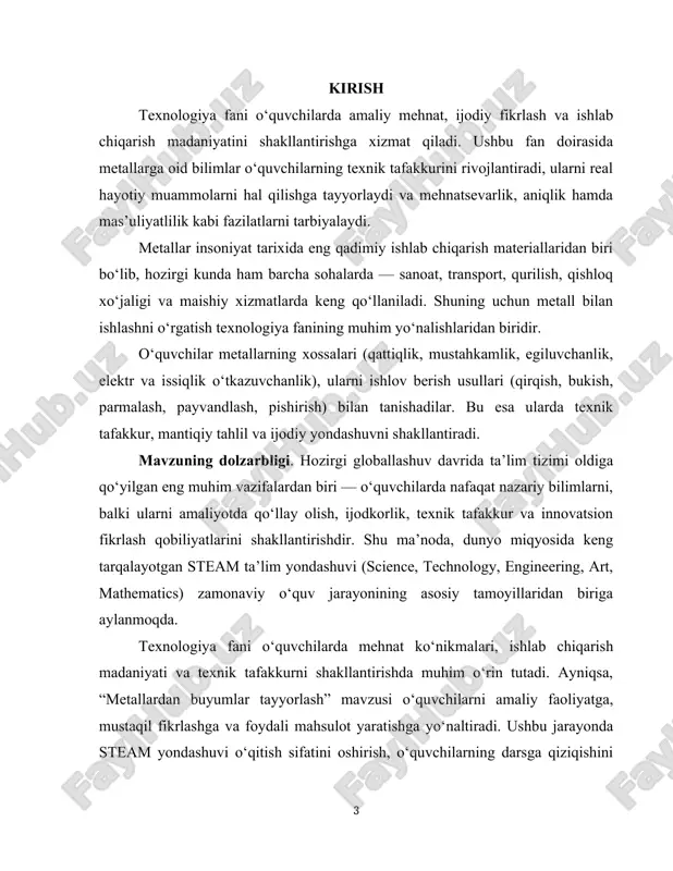 dir. kurs ishining maqsadi. ushbu kurs ishining asosiy maqsadi — texnologiya fanida “metallardan buyumlar tayyorlash” mavzusini o‘qitishda steam ta’lim yondashuvini samarali qo‘llash metodikasini ishlab chiqish hamda o‘quvchilarning ijodiy va amaliy ko‘nikmalarini rivojlantirish yo‘llarini aniqlashdan iborat. kurs ishining vazifalari. belgilangan maqsadga erishish uchun kurs ishida quyidagi vazifalar amalga oshiriladi: 1. steam ta’limi mazmuni, mohiyati va uning texnologiya fanidagi o‘rnini tahlil qilish; 2. “metallardan buyumlar tayyorlash” mavzusining o‘quv jarayonidagi ahamiyatini asoslash; 3. metall bilan ishlash jarayonida fanlararo integratsiyani (science, technology, engineering, art, mathematics) ochib berish; 4. “metallardan buyumlar tayyorlash” mavzusida steam loyihalarini qo‘llash metodikasini ishlab chiqish; 5. o‘quvchilarda amaliy mehnat, texnik tafakkur, ijodkorlik va mustaqil fikrlash ko‘nikmalarini rivojlantirish yo‘llarini aniqlash; 6. tajriba-sinov ishlari asosida o‘quvchilarning steam loyihalariga bo‘lgan qiziqishini tahlil qilish va samaradorligini baholash. kurs ishining obyekti. kurs ishining obyekti — texnologiya fanini o‘qitish jarayoni, xususan, “metallardan buyumlar tayyorlash” mavzusida o‘quvchilarning amaliy faoliyatini tashkil etish jarayonidir. kurs ishining predmeti. kurs ishining predmeti …