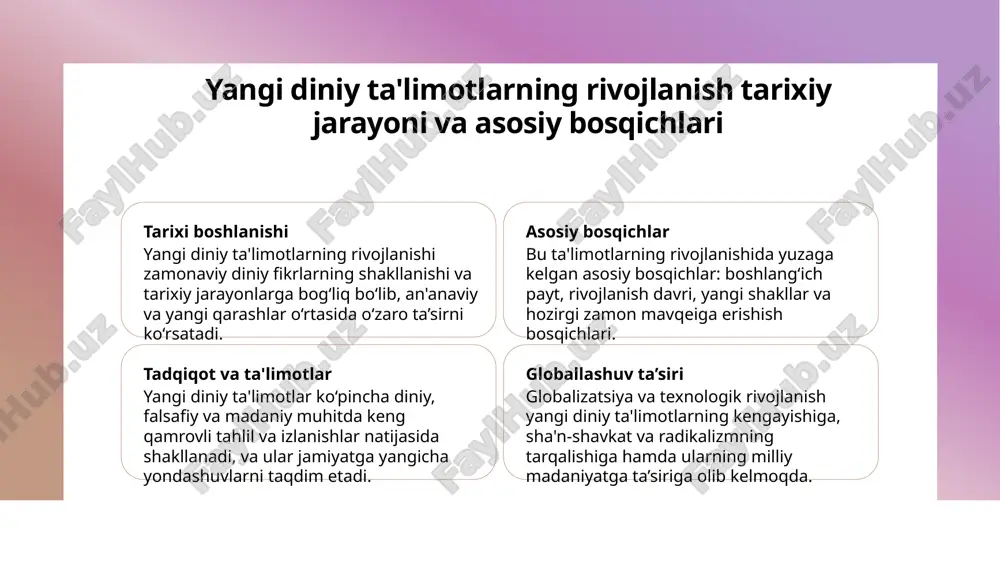 qilinishiga yordam beradi. 4 samarali integratsiya yangi diniy ta'limotlar jamiyatda muvofiqlik va birlikni mustahkamlashga xizmat qiladi, ijtimoiy muvozanatni saqlash va ekstremizm xavfini kamaytiradi. yangi diniy ta'limotlarning madaniy va ijtimoiy muvozanatdagi ta'siri o'zgarishlar ta'siri yangi diniy ta'limotlar jamiyatda madaniy va ijtimoiy muvozanatni o'zgartirishi bilan birga, odatlarni, qadriyatlarni va ijtimoiy tartibni shakllantiradi, muvozanatni saqlash uchun muhimdir. madaniy identitet yangi diniy ta'limotlar madaniyatga yangi ramzlar va qadriyatlar olib keladi, bu esa milliy va dini identitetlarning rivojlanishi va mustahkamlanishiga xizmat qiladi. ijtimoiy muvozanat bu ta'limotlar jamiyatda diniy va madaniy turli fikrlarning muvozanatini ta'minlashga yordam beradi, ekstremizm va radikalizm xavflarini kamaytiradi, muvozanatni saqlaydi. yangi diniy ta'limotlarning o'zbekistonda xavf va xavfsizlik muammolari bilan bog'liqligi 01 zavol va xavf yangi diniy ta'limotlar, ayniqsa, ekstremizm va radikalizm xavfini oshirishi mumkin. bu muammo xavfsizlikni ta'minlashda muhim omil hisoblanadi. 02 madaniyat va diniy xususiyatlar o'zbekistonda diniy ta'limotlarning madaniy kontekstda shakllanishi va tarqalishi, ijtimoiy muvozanat va milliy identitetga ta'sir qilishi mumkin. …