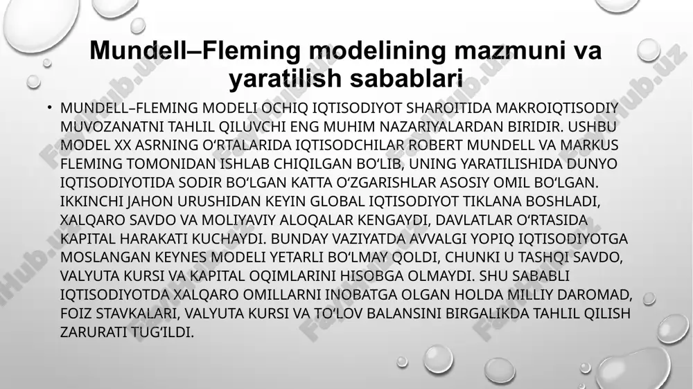 ro moliya tashkilotlari faoliyatida keng qo‘llanilmoqda. modelning asosiy farazlari va tarkibiy qismlari (is–lm–bp) mundell–fleming modeli ochiq iqtisodiyot sharoitida milliy daromad, foiz stavkasi, valyuta kursi va tashqi savdo o‘rtasidagi o‘zaro bog‘liqlikni tushuntiruvchi muhim nazariy konsepsiyadir. ushbu model klassik is–lm tizimini kengaytirgan bo‘lib, unga to‘lov balansi komponenti qo‘shilgan. modelning asosiy g‘oyasi shundan iboratki, davlatning iqtisodiy siyosati nafaqat ichki iqtisodiy sharoitlarga, balki tashqi iqtisodiy omillarga ham bog‘liq bo‘ladi. ochiq iqtisodiyotda kapital harakati, valyuta kursi va tashqi savdo oqimlari milliy iqtisodiy muvozanatga sezilarli ta’sir ko‘rsatadi. shu sababli bu modelda tovar bozori, pul bozori va tashqi iqtisodiy muvozanat birgalikda ko‘rib chiqiladi. modelning asosiy farazlaridan biri — iqtisodiyot ochiq bo‘lishi, ya’ni mamlakat import va eksport operatsiyalari olib borishi, tashqi kapital xarakatida ishtirok etishi va valyuta bozoriga ega bo‘lishidir. kapital harakati darajasi yuqori deb qaraladi, ya’ni foiz stavkalaridagi kichik farq ham kapital oqimini keltirib chiqaradi. narxlar qisqa muddatda qat’iy deb olinadi, ya’ni iqtisodiyot qisqa muddatli muvozanatga moslashishi …