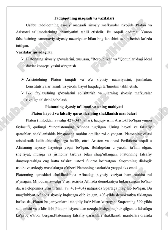 ishida afinadagi siyosiy vaziyat ham muhim rol o‘ynagan. miloddan avvalgi v asr oxirida afinada demokratiya hukm surgan bo‘lsa-da, u peloponnes urushi (mil. av. 431–404) natijasida spartaga mag‘lub bo‘lgan. bu mag‘lubiyat afinada siyosiy inqirozga olib kelgan, 403-yilda demokratiya tiklangan bo‘lsa-da, platon bu jarayonlarni tanqidiy ko‘z bilan kuzatgan. suqrotning 399-yilda sudlanishi va o‘ldirilishi platonni siyosatdan uzoqlashishga majbur qilgan, u falsafaga ko‘proq e’tibor bergan.platonning falsafiy qarashlari shakllanish manbalari orasida qadimgi yunon mutafakkirlari, xususan, pifagor va geraklitning ta’siri katta. pifagorning raqamlar va garmoniya haqidagi g‘oyalari platonning ideal shakllar nazariyasiga asos bo‘lgan. geraklitning o‘zgaruvchanlik (panta rei – hamma narsa oqib o‘tadi) g‘oyasi esa platonni doimiy va o‘zgarmas g‘oyalar dunyosini izlashga undagan. bundan tashqari, platonning misr va italiyaga sayohatlari uning qarashlarini boyitgan. misrda u matematika va astronomiya bilan tanishgan, bu uning kosmologik g‘oyalariga ta’sir qilgan.chuqur tahlilda, platonning hayoti siyosiy va falsafiy inqirozlar davriga to‘g‘ri kelganligi uning ta’limotining asosiy yo‘nalishini belgilagan. u jamiyatdagi tartibsizliklarni ko‘rib, ideal tuzum …