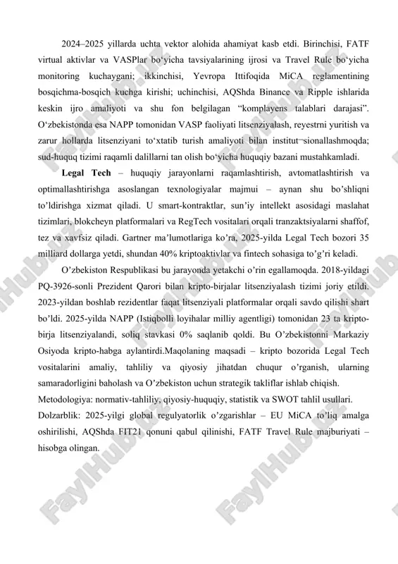 a vektor alohida ahamiyat kasb etdi. birinchisi, fatf virtual aktivlar va vasplar bo‘yicha tavsiyalarining ijrosi va travel rule bo‘yicha monitoring kuchaygani; ikkinchisi, yevropa ittifoqida mica reglamentining bosqichma-bosqich kuchga kirishi; uchinchisi, aqshda binance va ripple ishlarida keskin ijro amaliyoti va shu fon belgilagan “komplayens talablari darajasi”. o‘zbekistonda esa napp tomonidan vasp faoliyati litsenziyalash, reyestrni yuritish va zarur hollarda litsenziyani to‘xtatib turish amaliyoti bilan institut¬sionallashmoqda; sud-huquq tizimi raqamli dalillarni tan olish bo‘yicha huquqiy bazani mustahkamladi. legal tech – huquqiy jarayonlarni raqamlashtirish, avtomatlashtirish va optimallashtirishga asoslangan texnologiyalar majmui – aynan shu boʼshliqni toʼldirishga xizmat qiladi. u smart-kontraktlar, sunʼiy intellekt asosidagi maslahat tizimlari, blokcheyn platformalari va regtech vositalari orqali tranzaktsiyalarni shaffof, tez va xavfsiz qiladi. gartner maʼlumotlariga koʼra, 2025-yilda legal tech bozori 35 milliard dollarga yetdi, shundan 40% kriptoaktivlar va fintech sohasiga toʼgʼri keladi. oʼzbekiston respublikasi bu jarayonda yetakchi oʼrin egallamoqda. 2018-yildagi pq-3926-sonli prezident qarori bilan kripto-birjalar litsenziyalash tizimi joriy etildi. 2023-yildan boshlab rezidentlar …