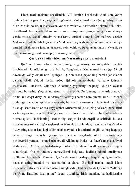ning sof va to’g’ri saqlanishini ta’minlaydi. masalan, hadislarda payg’ambar (s.a.v.)ning adolat haqidagi ta’limotlari mavjud, u insonlarni tenglik va haq-huquqqa rioya qilishga undaydi. qur’on va hadislar birgalikda islom mafkurasining poydevorini yaratadi, chunki ular orqali allohning irodasi va payg’ambar amaliyoti ifodalanadi. qur’on va hadislarning bir-birini to’ldirishi mafkuraning yaxlitligini ta’minlaydi. qur’on umumiy tamoyillarni belgilasa, hadislar ularni amaliyotda qo’llashni ko’rsatadi. masalan, qur’onda zakot (sadaqa) haqida aytilgan bo’lsa, hadislar uning miqdori va taqsimotini aniqlaydi. bu ikki manba orqali islom mafkurasi statik emas, balki dinamik rivojlanadi. dalillar sifatida qur’onda “allohga va uning rasuliga itoat qiling” degan oyatni keltirish mumkin, bu hadislarning qur’onga bog’liqligini ko’rsatadi.amaliy misollar: o’rta asrlarda abbosiylar davrida qur’on va hadislar asosida fiqh (huquq) maktablari shakllandi, masalan, hanafiy mazhabi. zamonaviy davrda esa saudiya arabistoni yoki eron kabi davlatlarda konstitutsiya va qonunlar qur’on va hadislarga asoslanadi. masalan, saudiya arabistonida jinoyat huquqi hadislarning qasos va diyat tamoyillariga tayangan. bu misollar manbalarning hayotdagi amaliy ahamiyatini ko’rsatadi.qur’onning tuzilishi 114 …